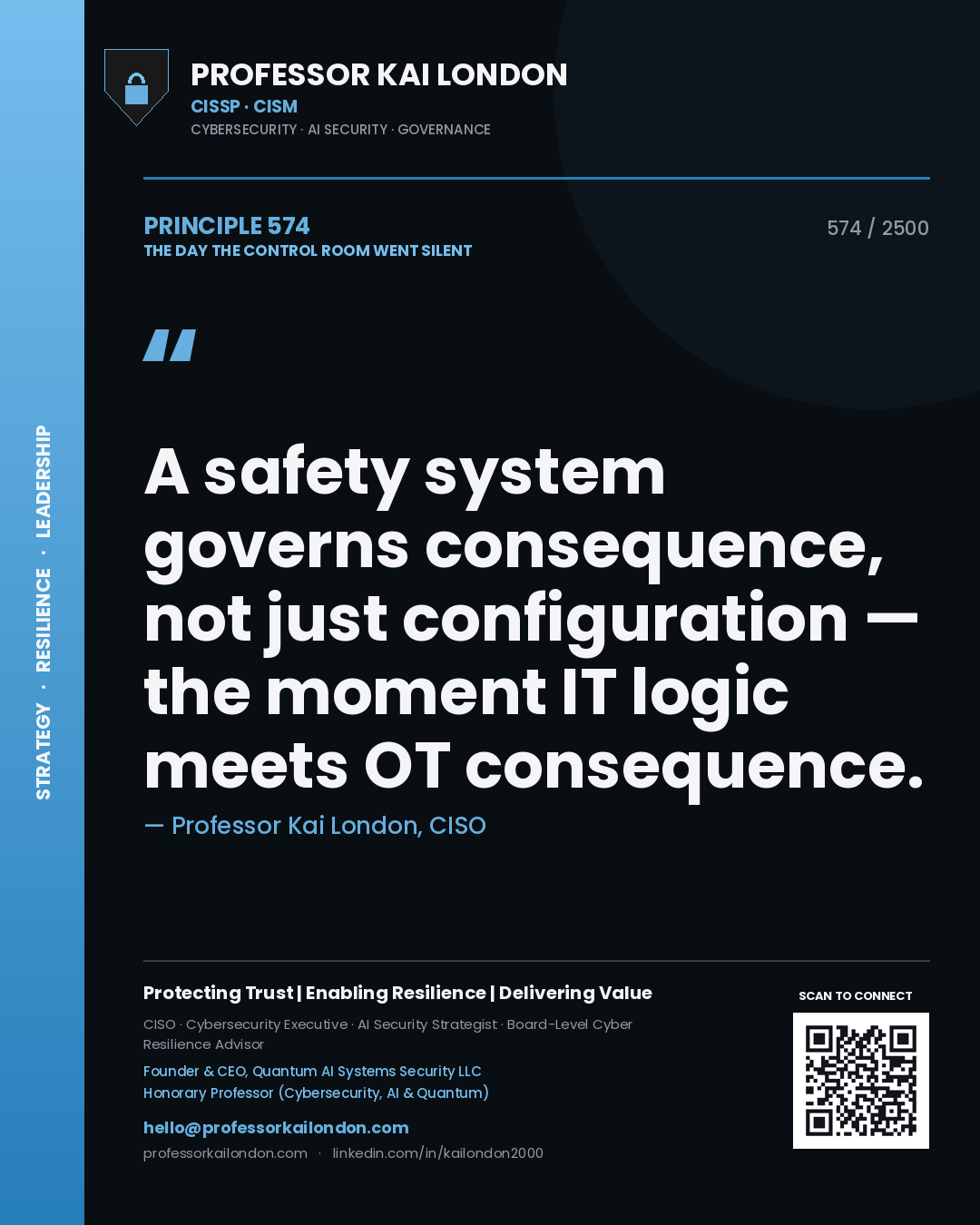 Quote card by Professor Kai London reading 'A safety system governs consequence, not just configuration — the moment IT logic meets OT consequence.'. From the book The Day the Control Room Went Silent.