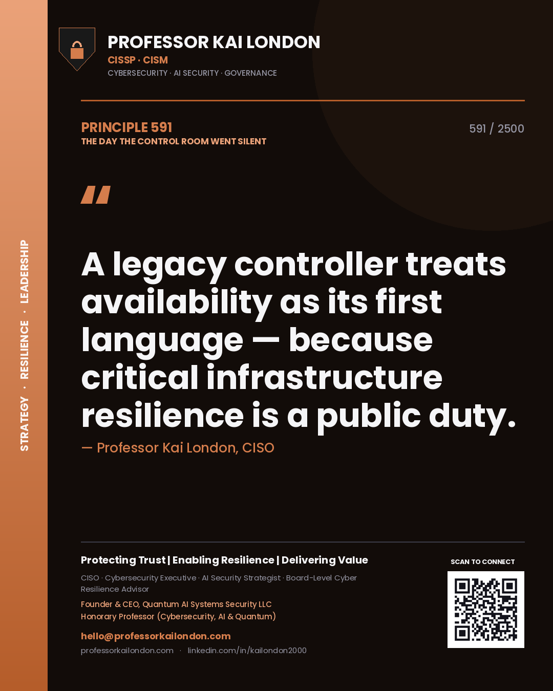 Professor Kai London principle 591: A legacy controller treats availability as its first language — because critical infrastructure resilience is a public duty.