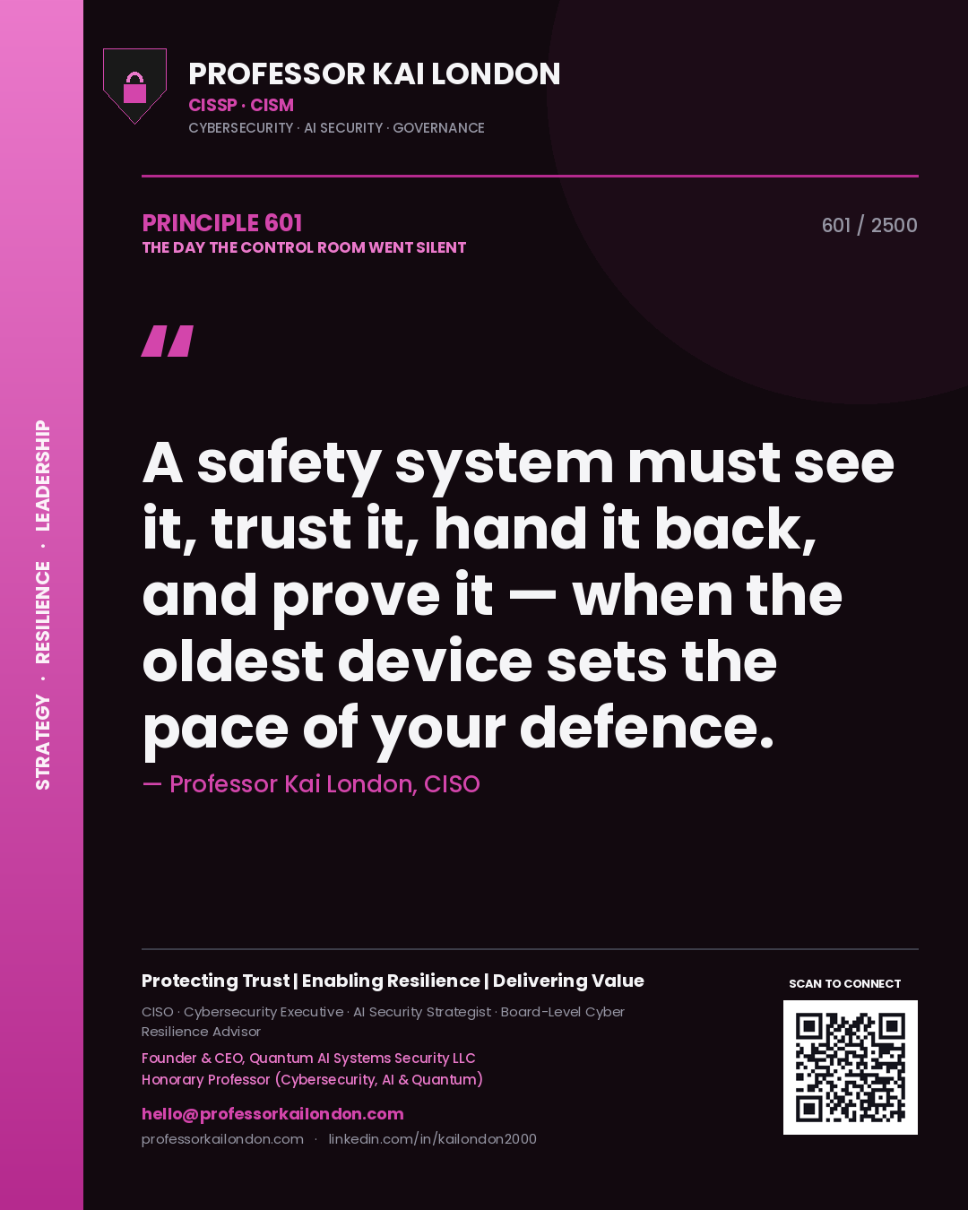 Quote card by Professor Kai London reading 'A safety system must see it, trust it, hand it back, and prove it — when the oldest device sets the pace of your defence.'. From the book The Day the Control Room Went Silent.