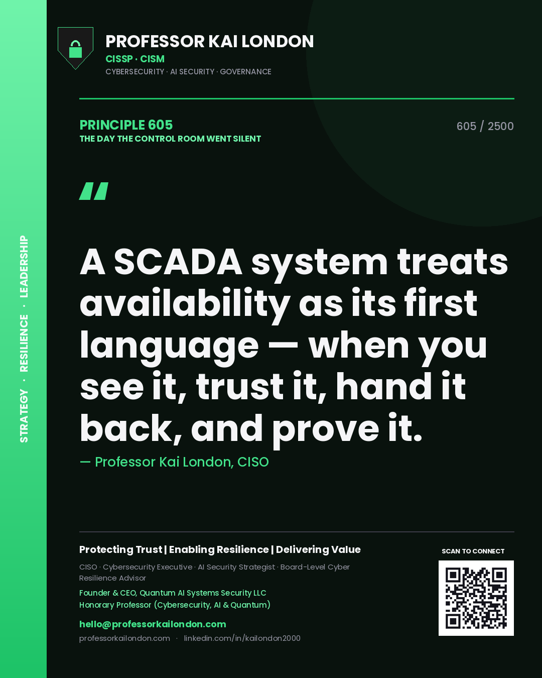 Professor Kai London principle 605: A SCADA system treats availability as its first language — when you see it, trust it, hand it back, and prove it.