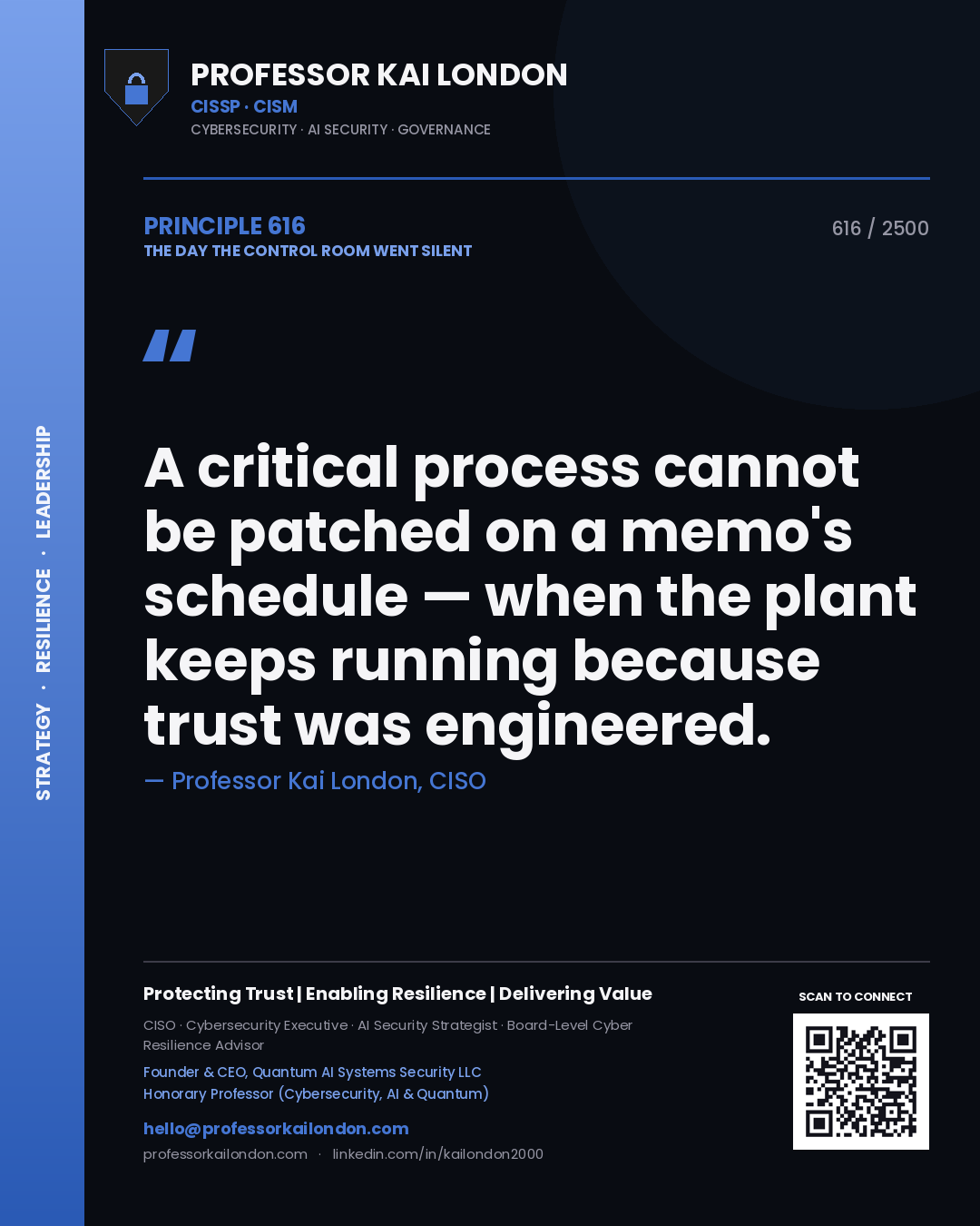 Quote card by Professor Kai London reading 'A critical process cannot be patched on a memo's schedule — when the plant keeps running because trust was engineered.'. From the book The Day the Control Room Went Silent.
