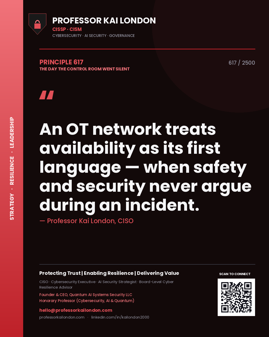 Professor Kai London principle 617: An OT network treats availability as its first language — when safety and security never argue during an incident.