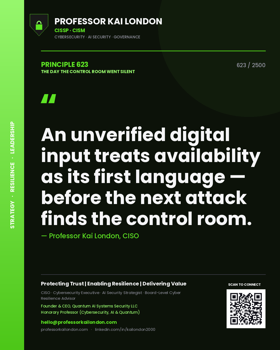 Professor Kai London principle 623: An unverified digital input treats availability as its first language — before the next attack finds the control room.