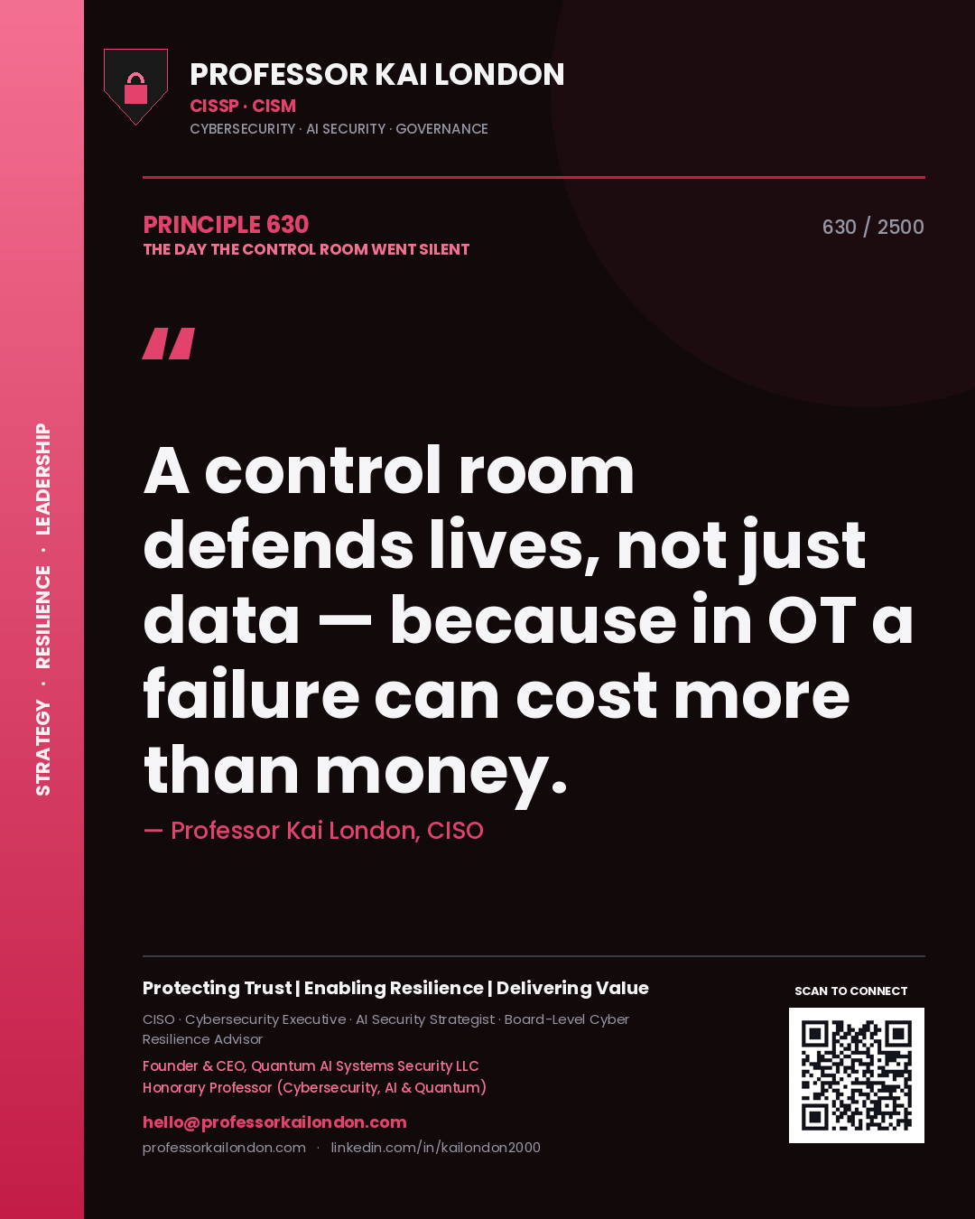 Professor Kai London principle 630: A control room defends lives, not just data — because in OT a failure can cost more than money.