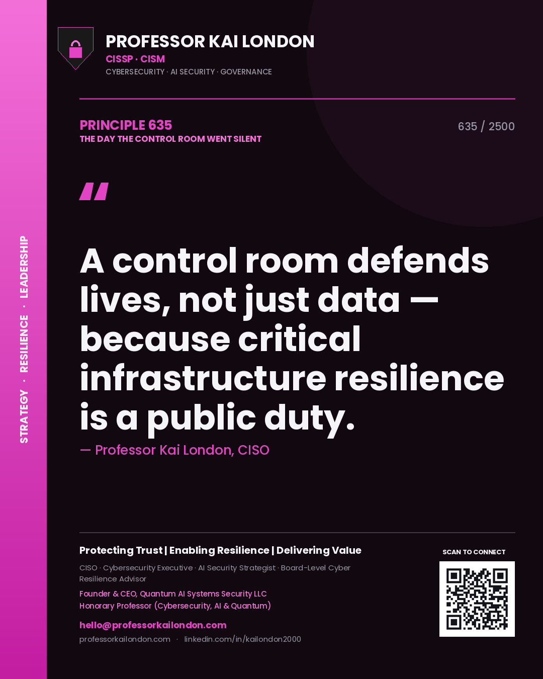 Professor Kai London principle 635: A control room defends lives, not just data — because critical infrastructure resilience is a public duty.