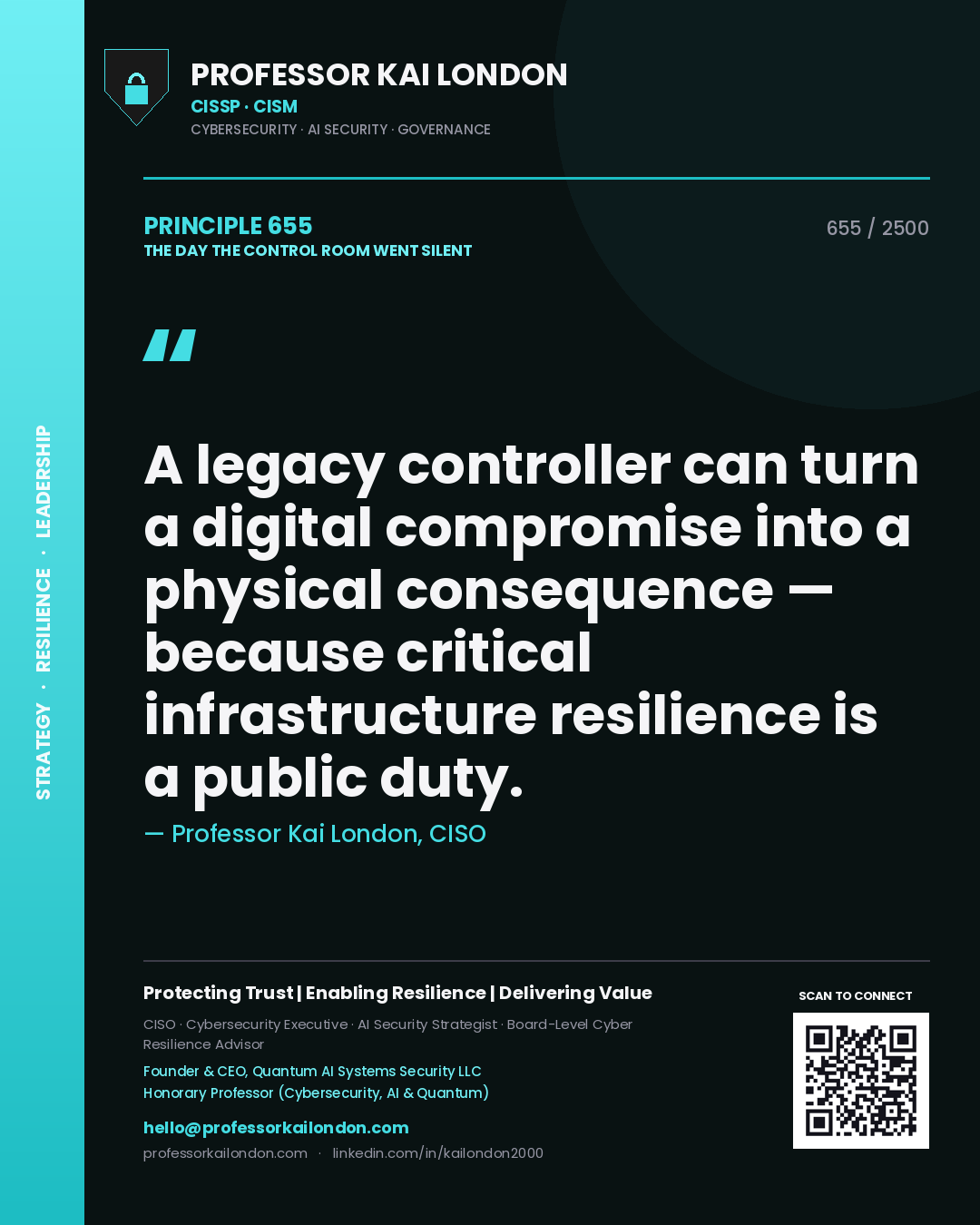 Professor Kai London principle 655: A legacy controller can turn a digital compromise into a physical consequence — because critical infrastructure resilience is a public duty.
