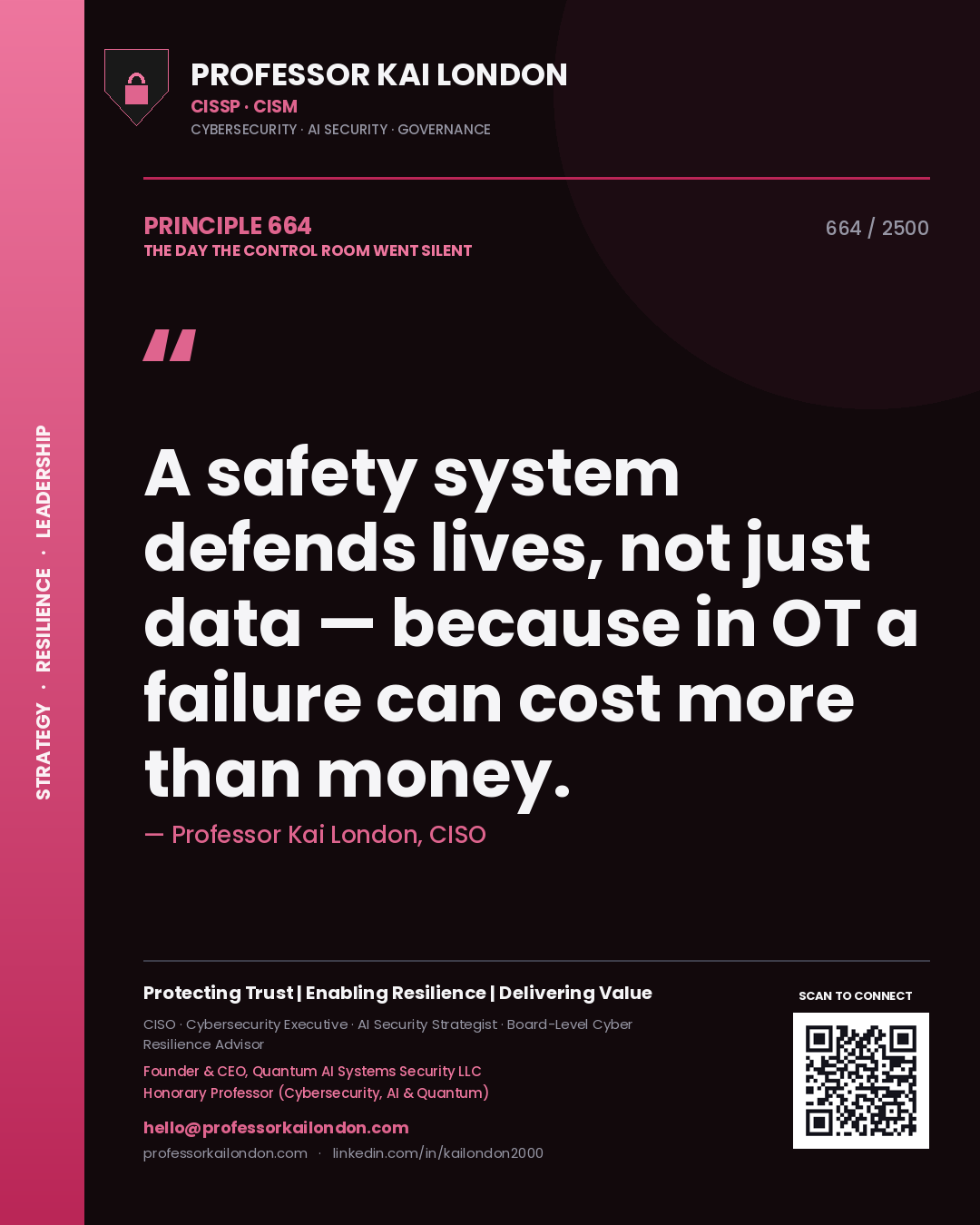 Professor Kai London principle 664: A safety system defends lives, not just data — because in OT a failure can cost more than money.