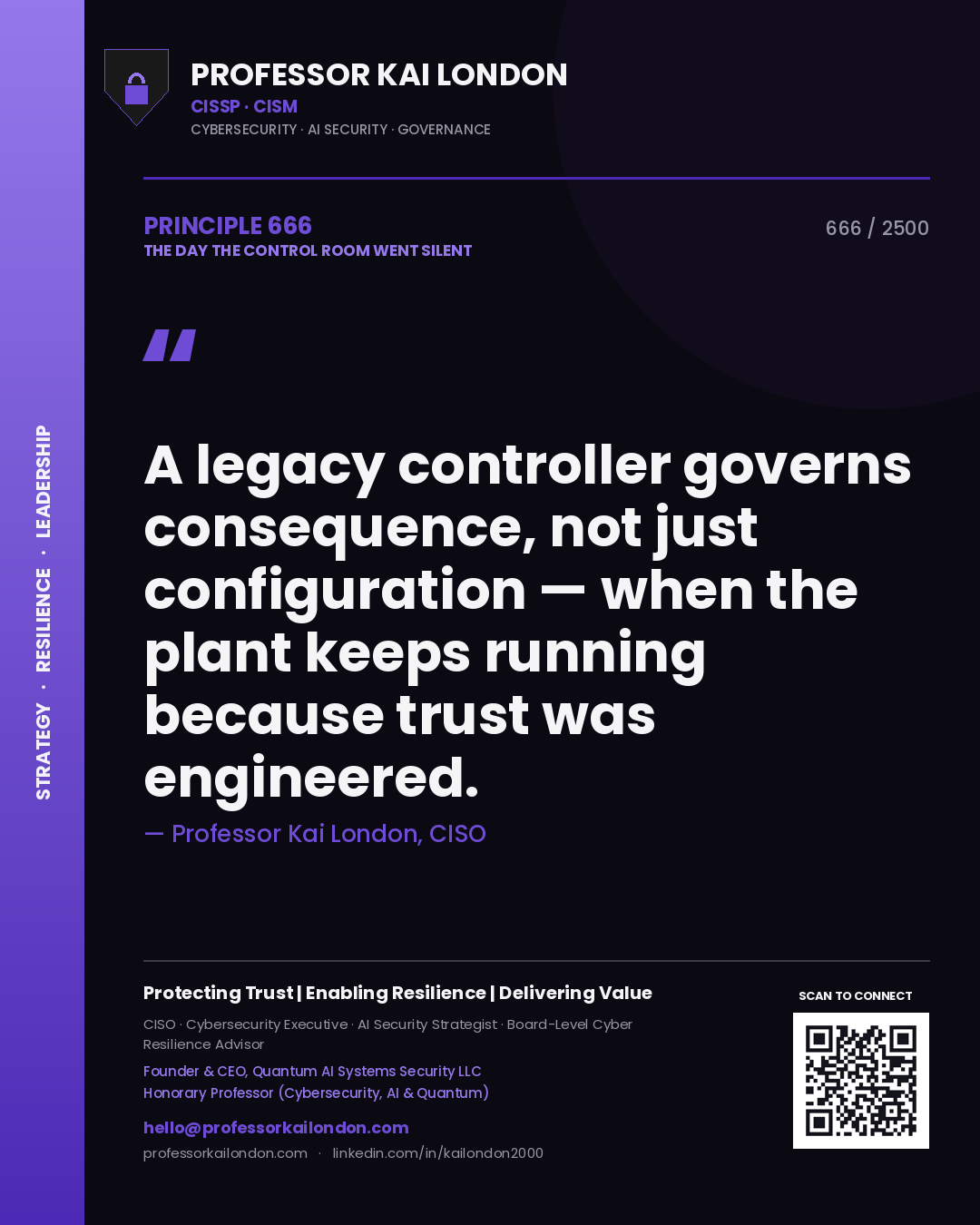 Quote card by Professor Kai London reading 'A legacy controller governs consequence, not just configuration — when the plant keeps running because trust was engineered.'. From the book The Day the Control Room Went Silent.