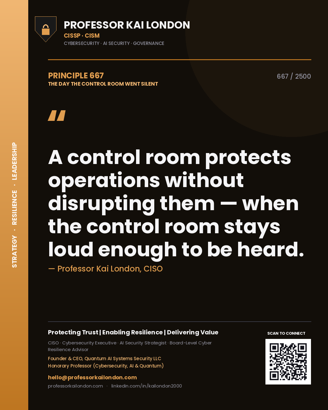Quote card by Professor Kai London reading 'A control room protects operations without disrupting them — when the control room stays loud enough to be heard.'. From the book The Day the Control Room Went Silent.