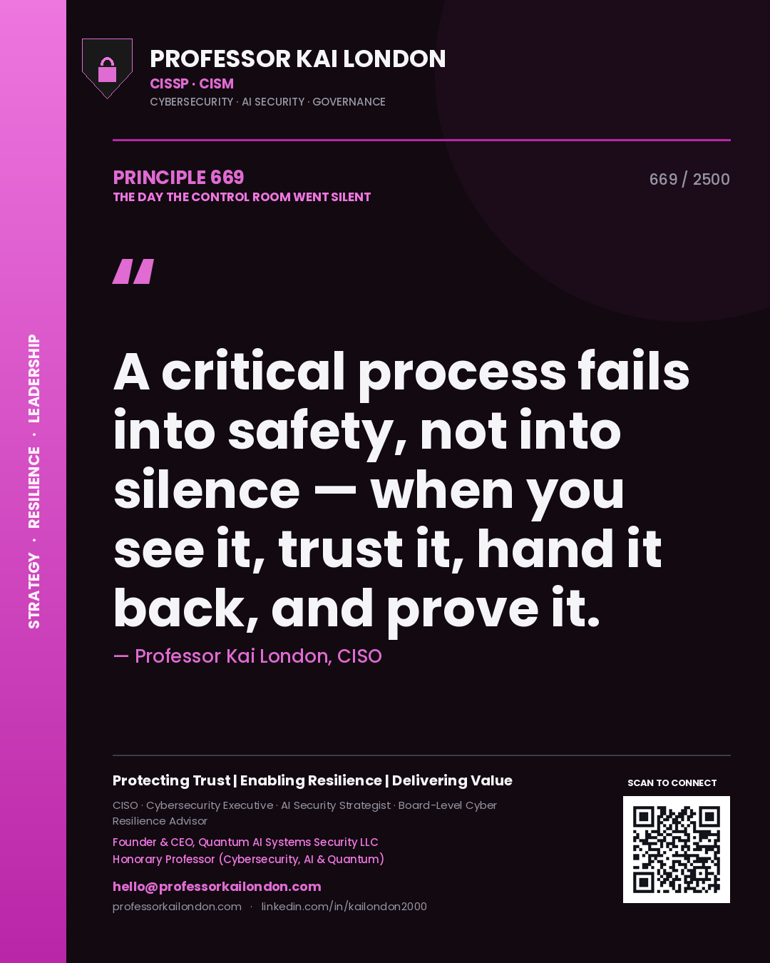 Quote card by Professor Kai London reading 'A critical process fails into safety, not into silence — when you see it, trust it, hand it back, and prove it.'. From the book The Day the Control Room Went Silent.