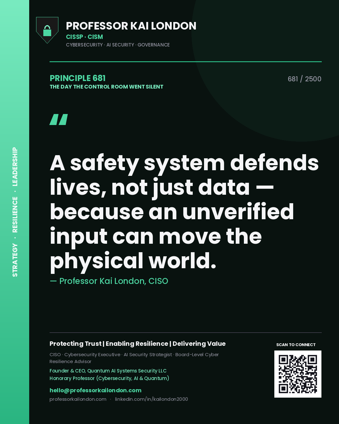 Professor Kai London principle 681: A safety system defends lives, not just data — because an unverified input can move the physical world.