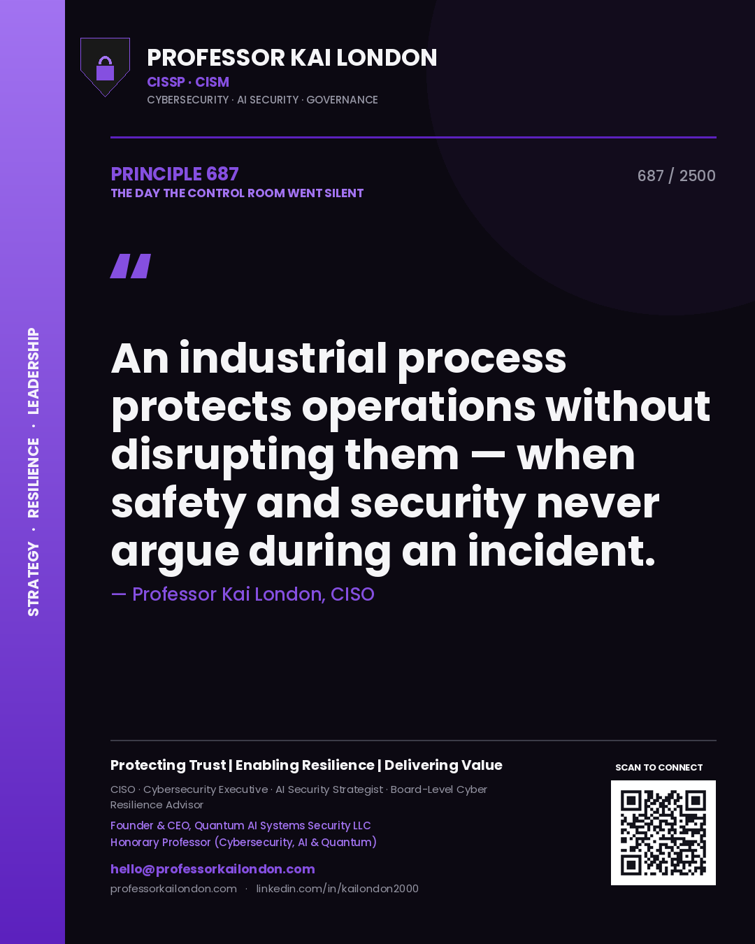 Quote card by Professor Kai London reading 'An industrial process protects operations without disrupting them — when safety and security never argue during an incident.'. From the book The Day the Control Room Went Silent.