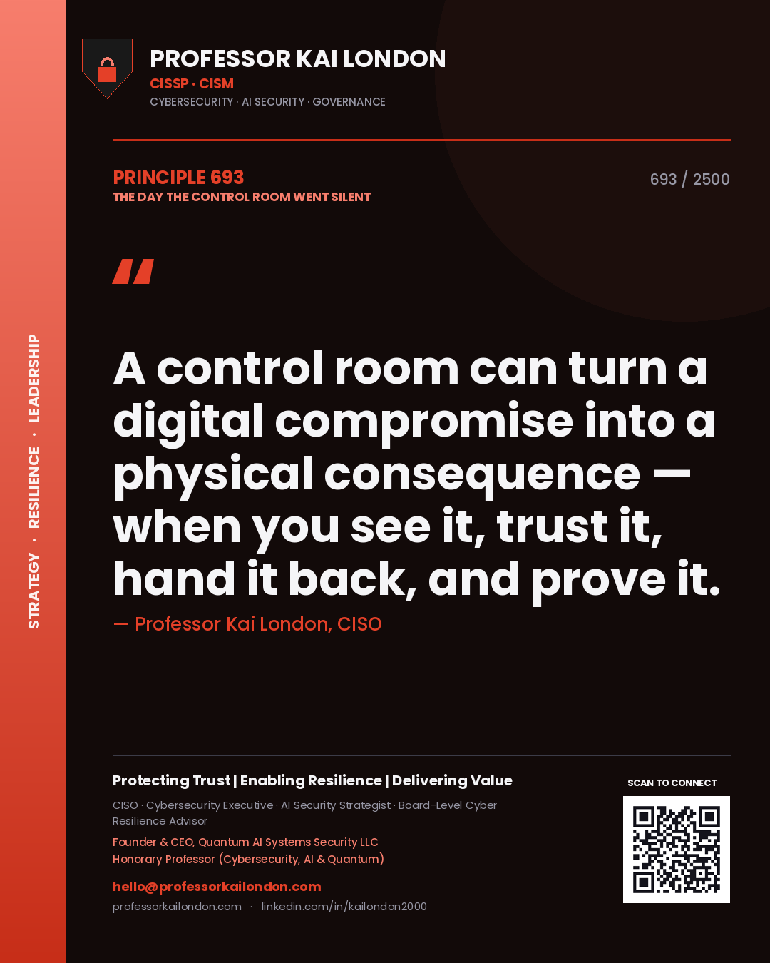 Professor Kai London principle 693: A control room can turn a digital compromise into a physical consequence — when you see it, trust it, hand it back, and prove it.