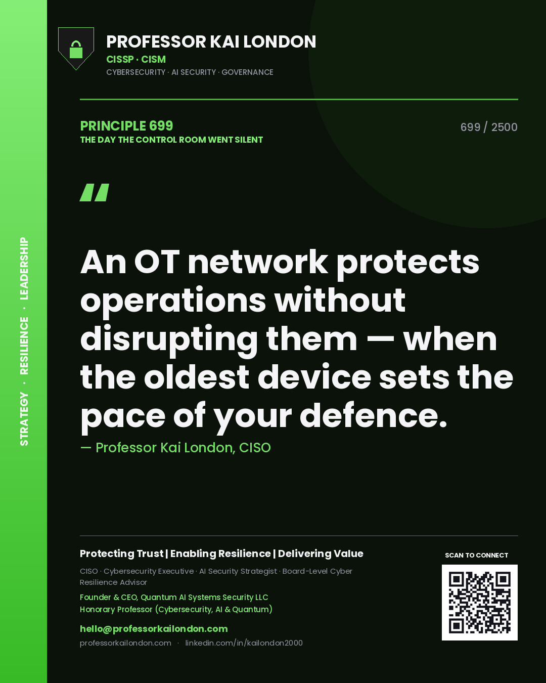 Professor Kai London principle 699: An OT network protects operations without disrupting them — when the oldest device sets the pace of your defence.