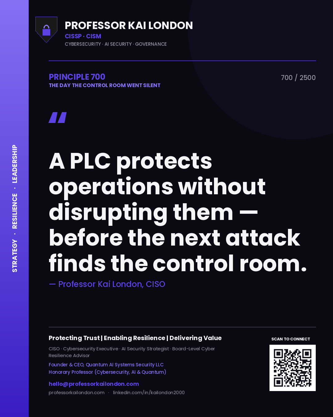 Quote card by Professor Kai London reading 'A PLC protects operations without disrupting them — before the next attack finds the control room.'. From the book The Day the Control Room Went Silent.