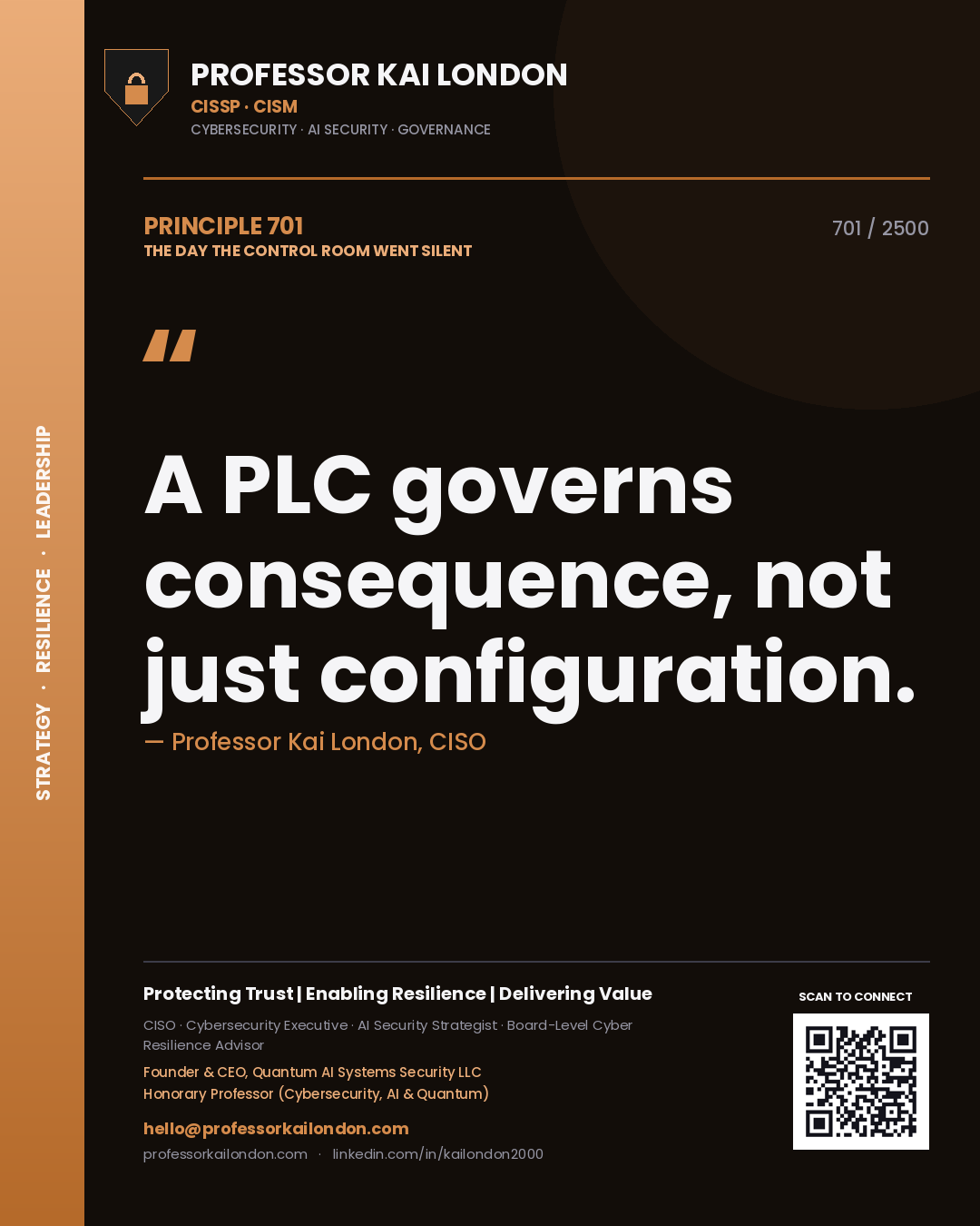 Quote card by Professor Kai London reading 'A PLC governs consequence, not just configuration.'. From the book The Day the Control Room Went Silent.