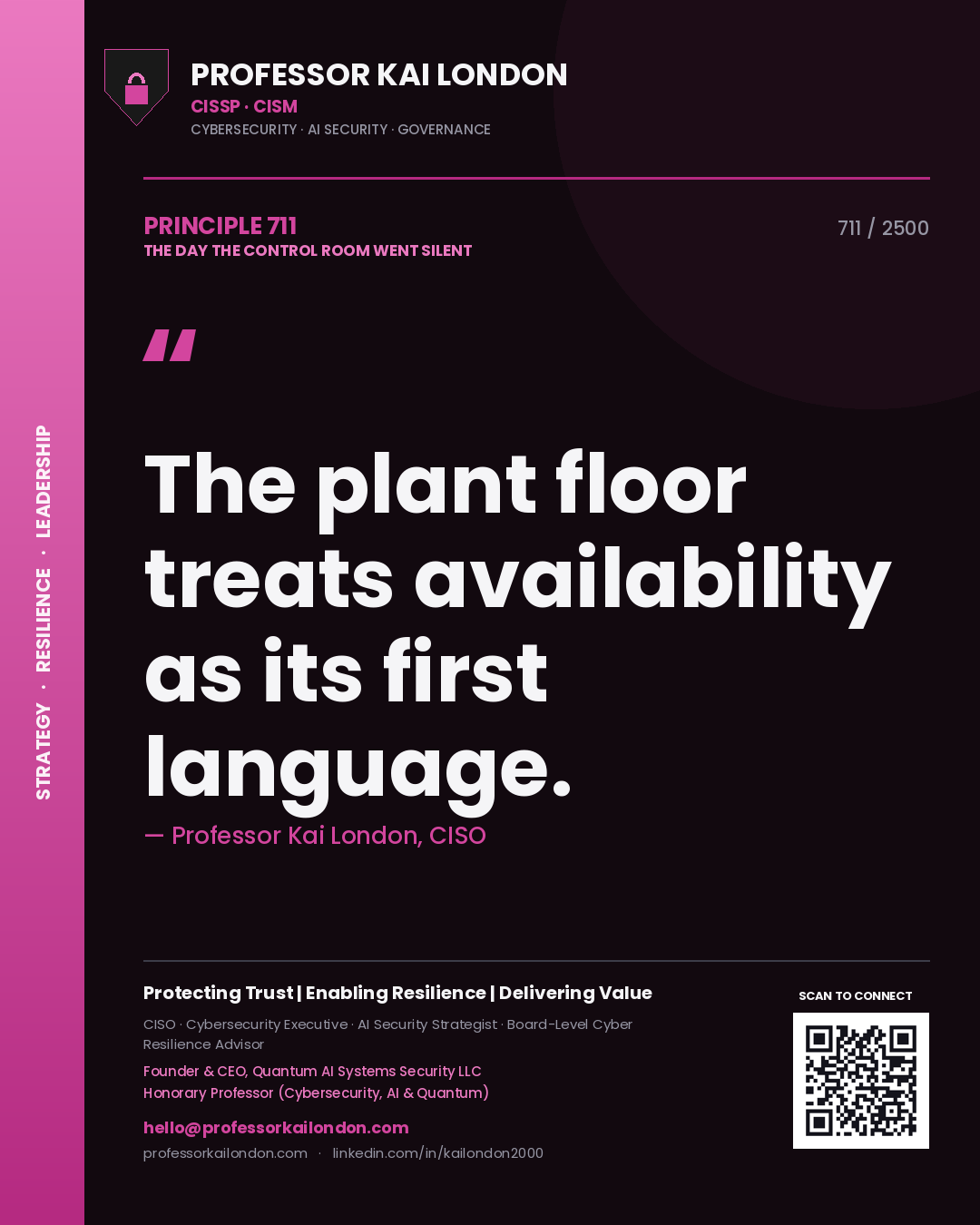 Quote card by Professor Kai London reading 'The plant floor treats availability as its first language.'. From the book The Day the Control Room Went Silent.