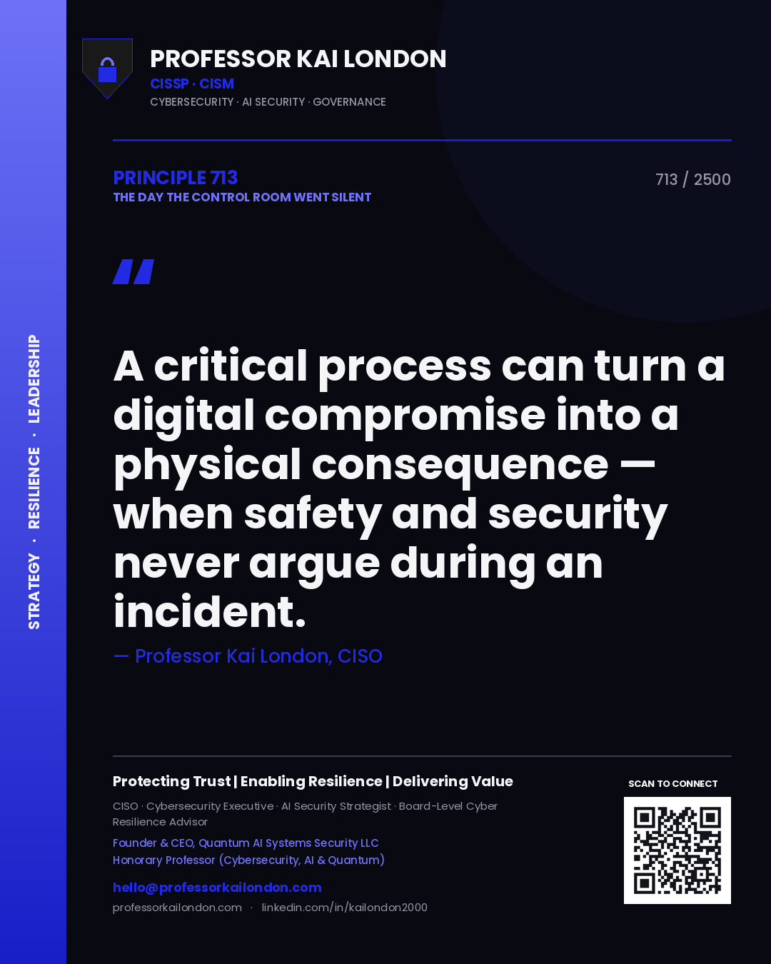 Quote card by Professor Kai London reading 'A critical process can turn a digital compromise into a physical consequence — when safety and security never argue during an incident.'. From the book The Day the Control Room Went Silent.