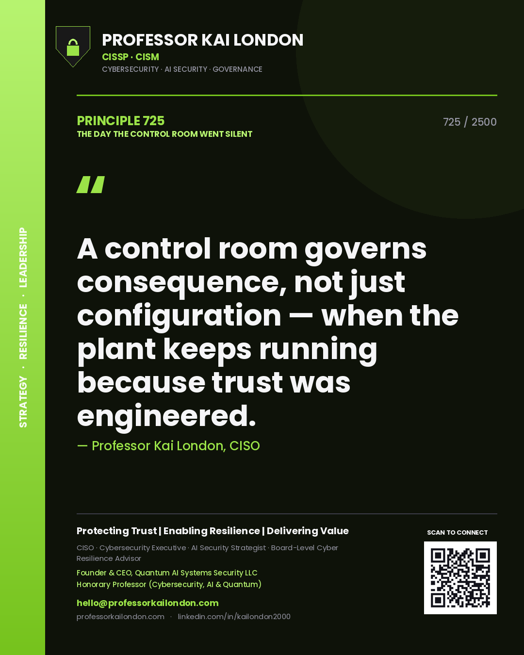 Professor Kai London principle 725: A control room governs consequence, not just configuration — when the plant keeps running because trust was engineered.