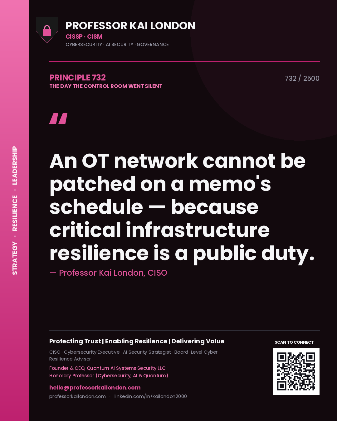 Professor Kai London principle 732: An OT network cannot be patched on a memo's schedule — because critical infrastructure resilience is a public duty.