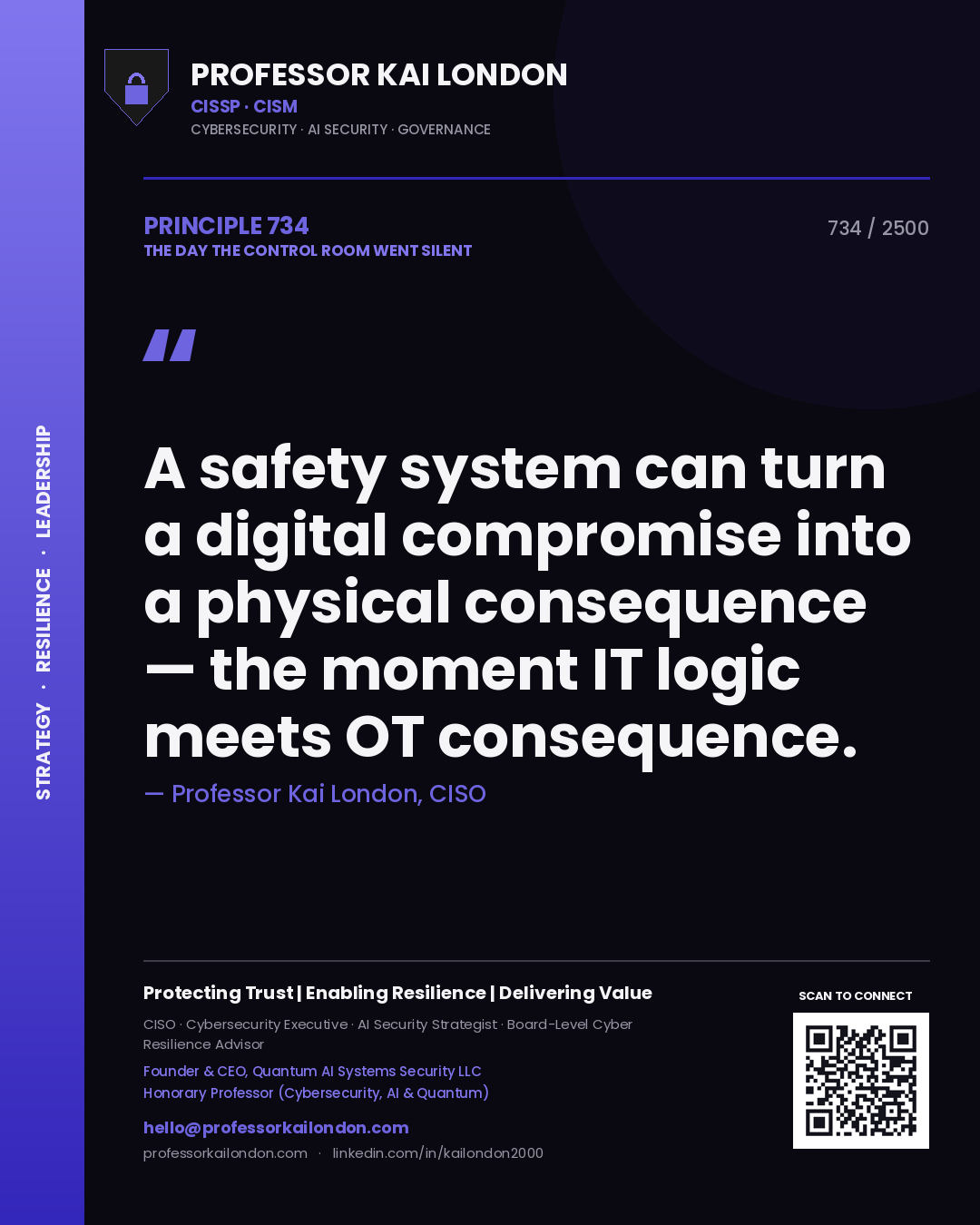 Professor Kai London principle 734: A safety system can turn a digital compromise into a physical consequence — the moment IT logic meets OT consequence.