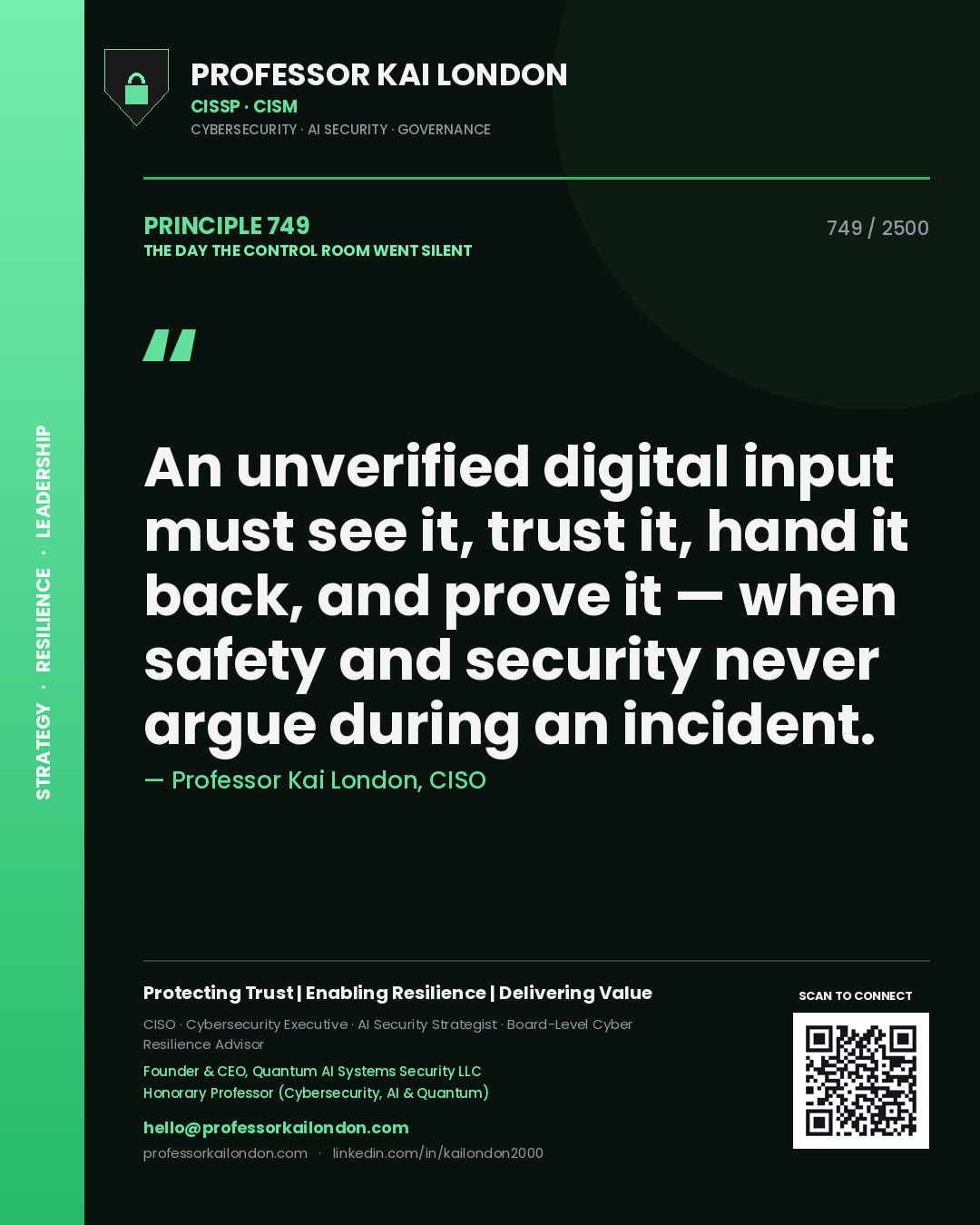 Professor Kai London principle 749: An unverified digital input must see it, trust it, hand it back, and prove it — when safety and security never argue during an incident.
