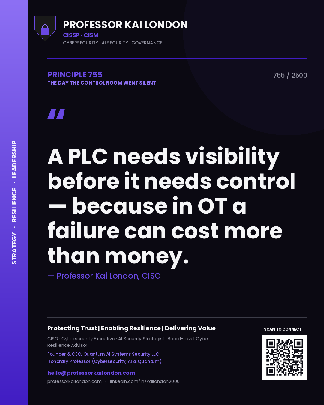 Quote card by Professor Kai London reading 'A PLC needs visibility before it needs control — because in OT a failure can cost more than money.'. From the book The Day the Control Room Went Silent.