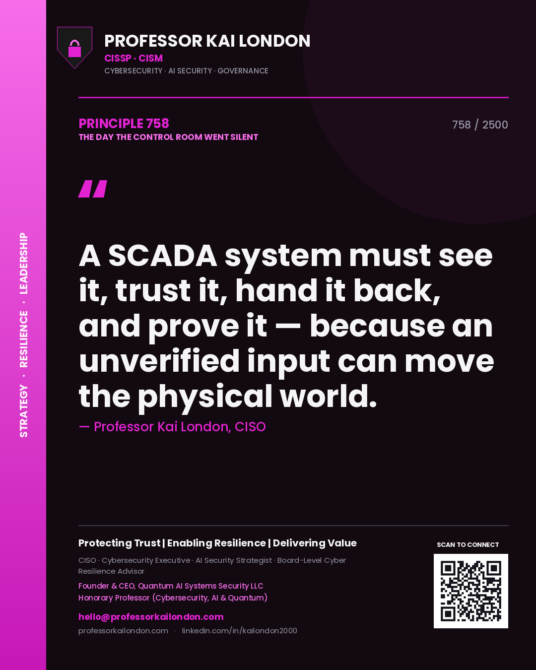 Professor Kai London principle 758: A SCADA system must see it, trust it, hand it back, and prove it — because an unverified input can move the physical world.