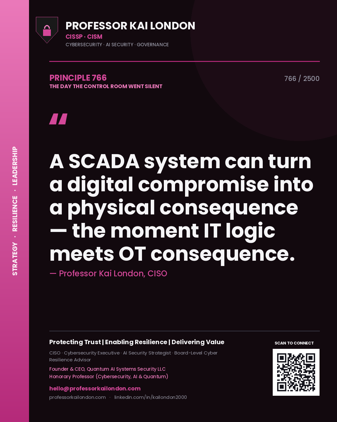 Professor Kai London principle 766: A SCADA system can turn a digital compromise into a physical consequence — the moment IT logic meets OT consequence.