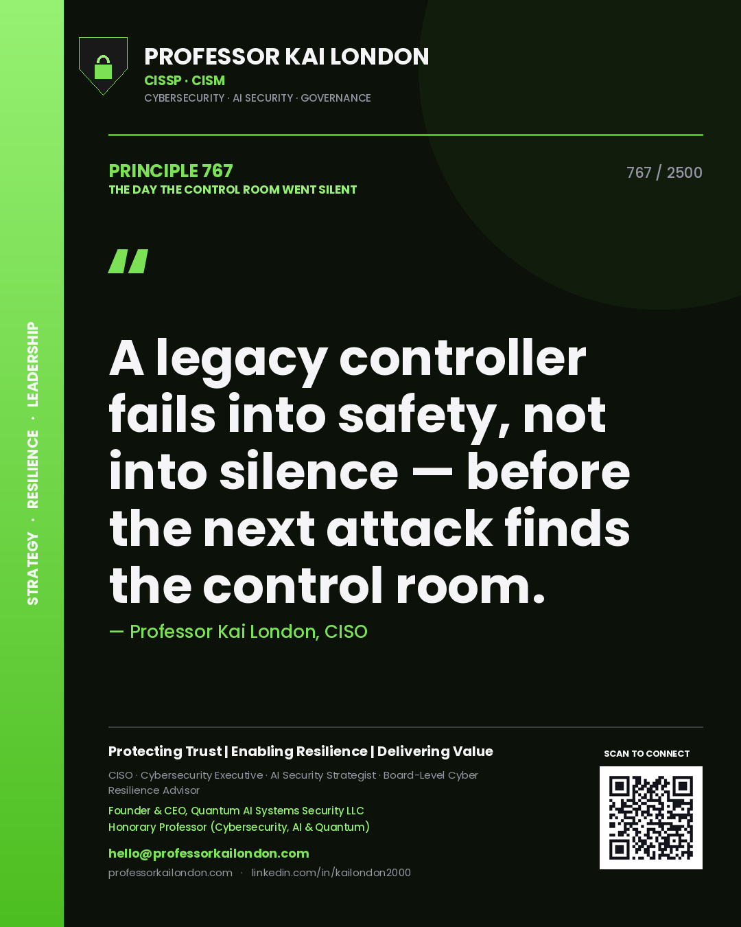 Professor Kai London principle 767: A legacy controller fails into safety, not into silence — before the next attack finds the control room.