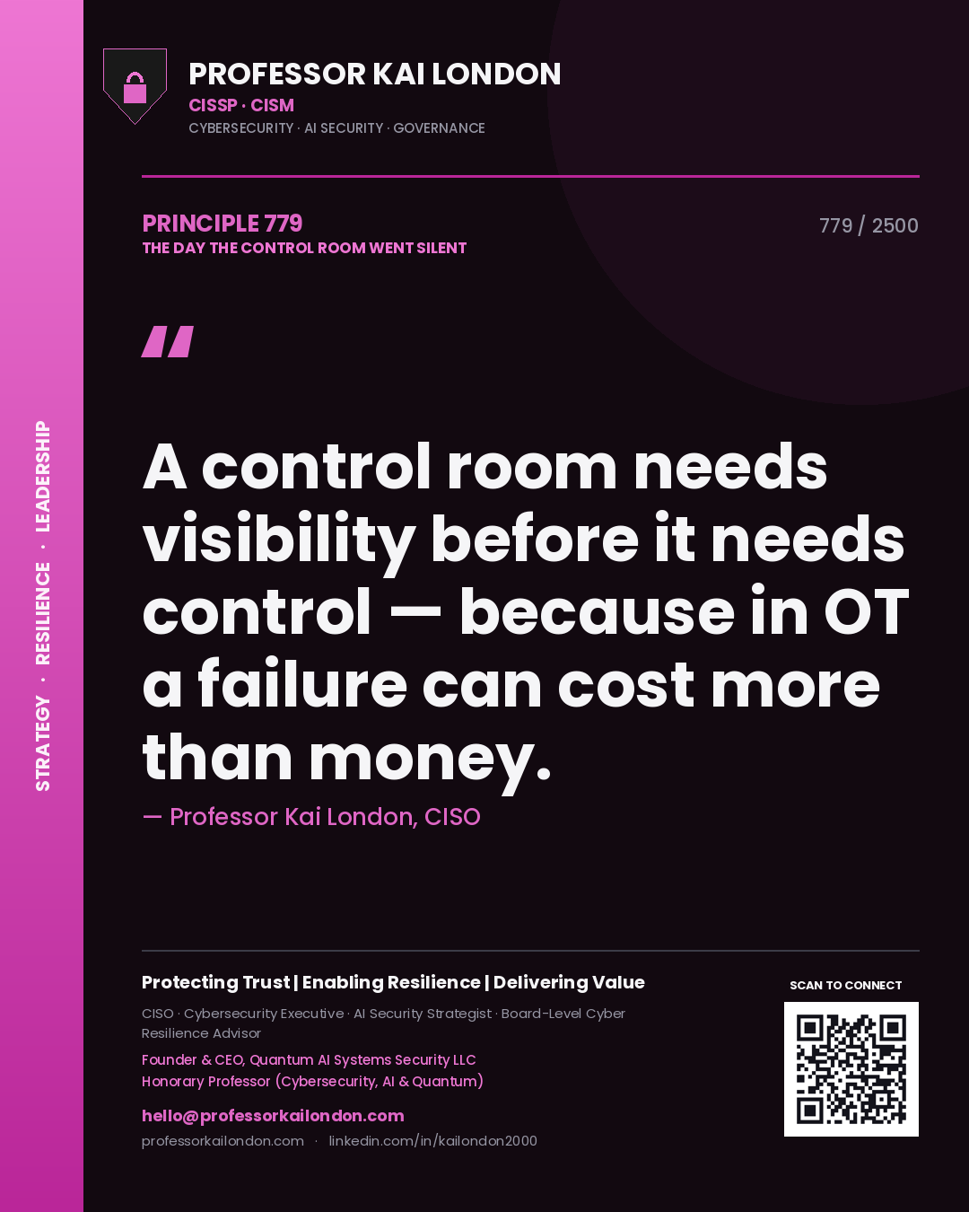 Quote card by Professor Kai London reading 'A control room needs visibility before it needs control — because in OT a failure can cost more than money.'. From the book The Day the Control Room Went Silent.