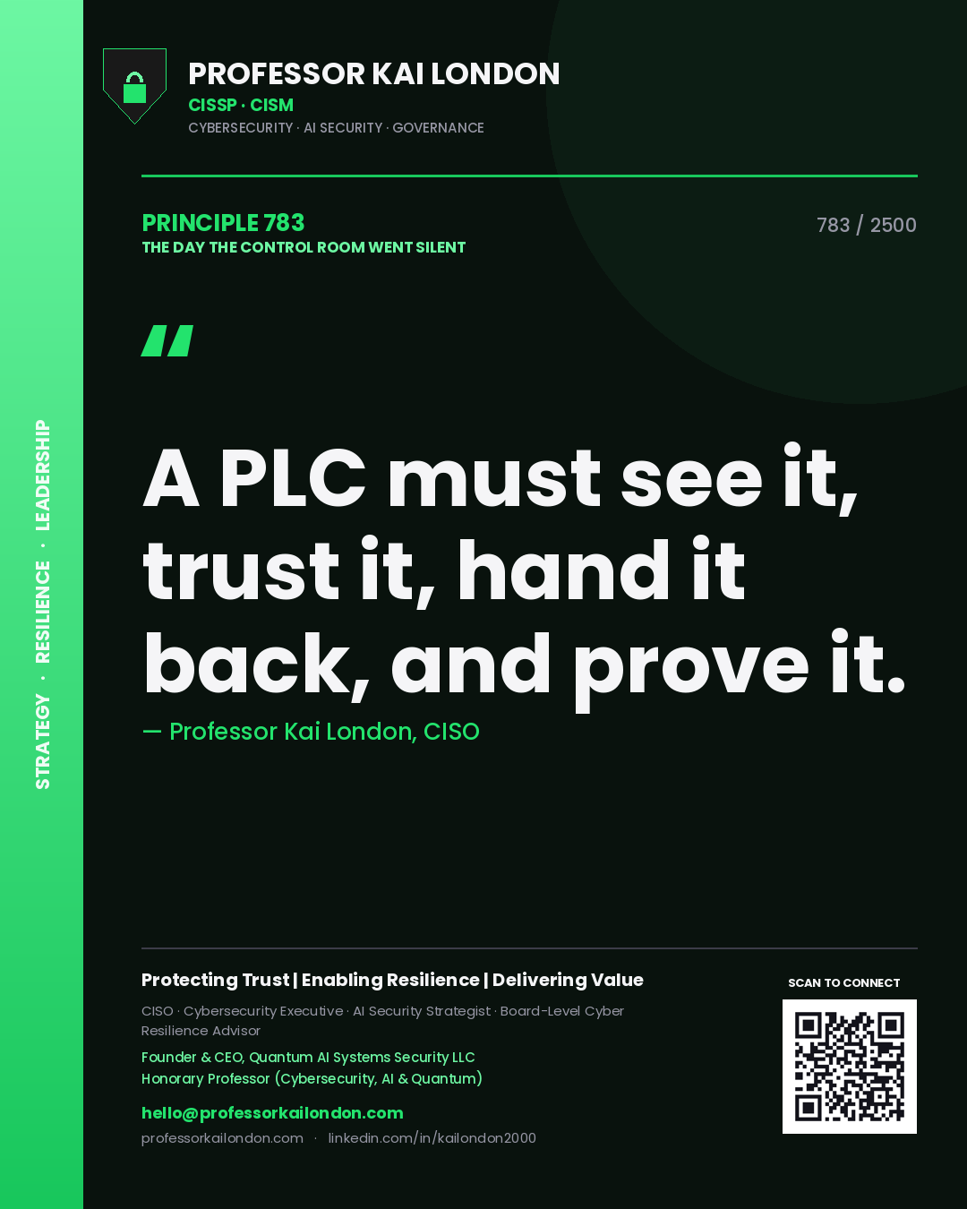 Quote card by Professor Kai London reading 'A PLC must see it, trust it, hand it back, and prove it.'. From the book The Day the Control Room Went Silent.
