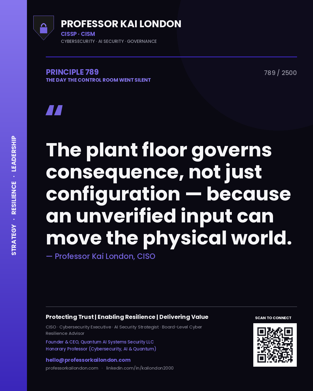 Quote card by Professor Kai London reading 'The plant floor governs consequence, not just configuration — because an unverified input can move the physical world.'. From the book The Day the Control Room Went Silent.