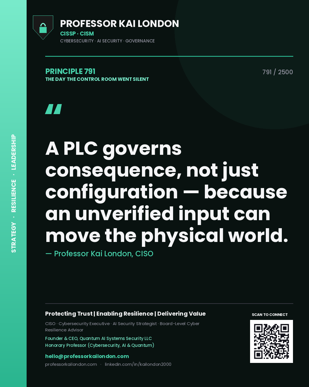 Professor Kai London principle 791: A PLC governs consequence, not just configuration — because an unverified input can move the physical world.