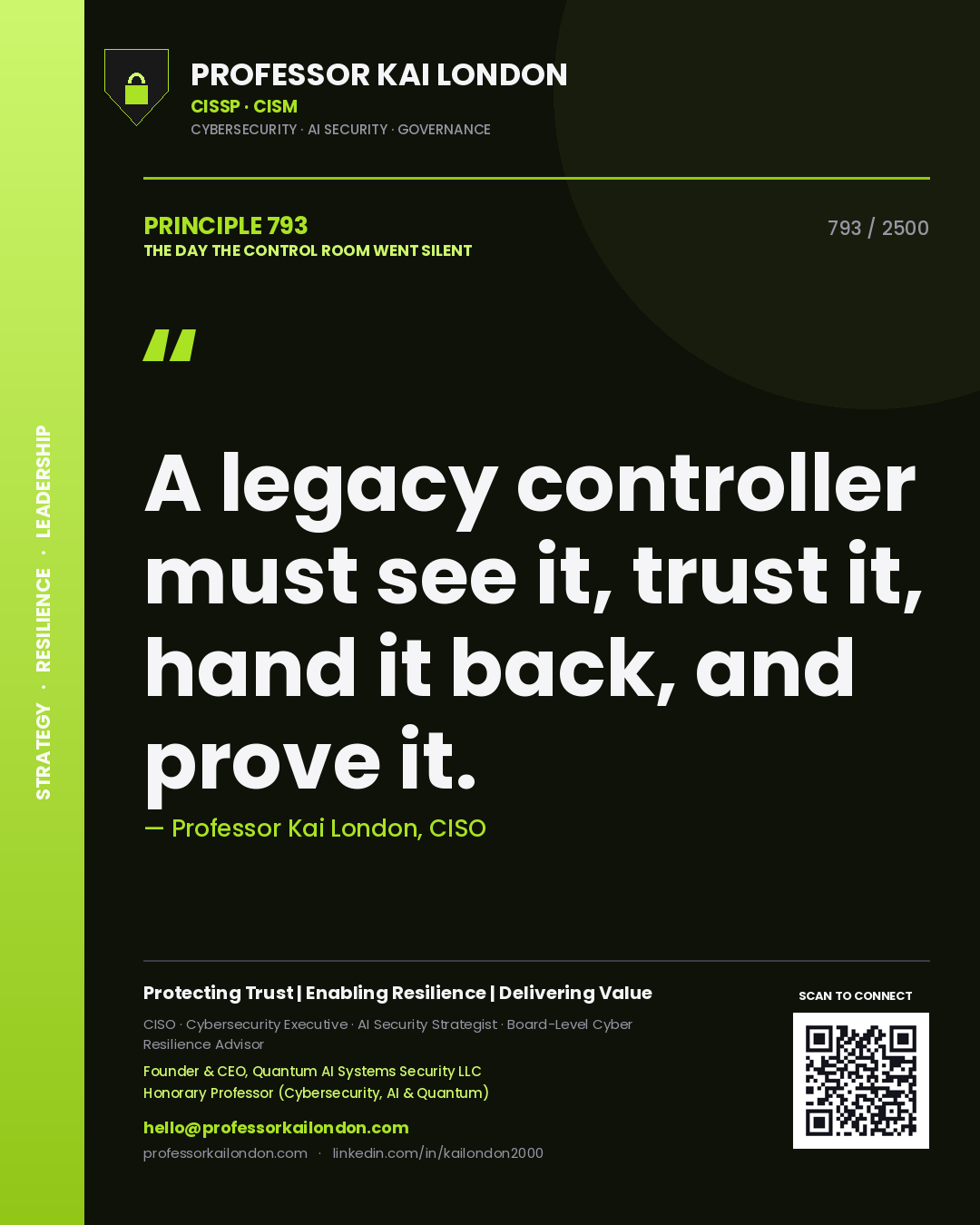 Quote card by Professor Kai London reading 'A legacy controller must see it, trust it, hand it back, and prove it.'. From the book The Day the Control Room Went Silent.