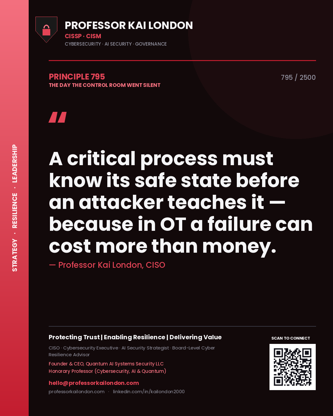 Professor Kai London principle 795: A critical process must know its safe state before an attacker teaches it — because in OT a failure can cost more than money.
