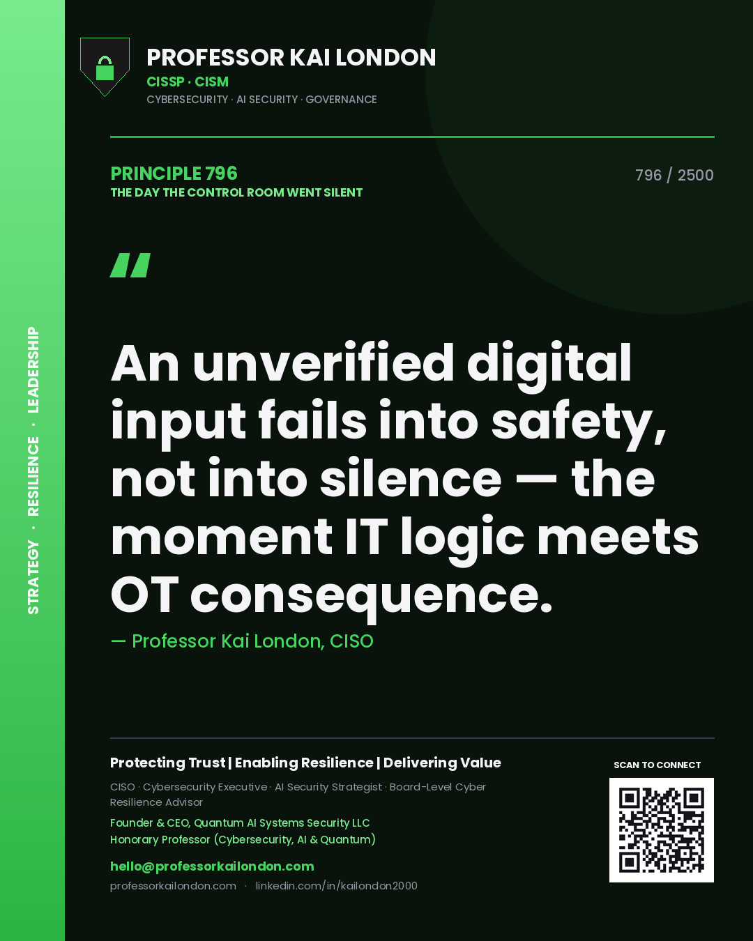 Quote card by Professor Kai London reading 'An unverified digital input fails into safety, not into silence — the moment IT logic meets OT consequence.'. From the book The Day the Control Room Went Silent.