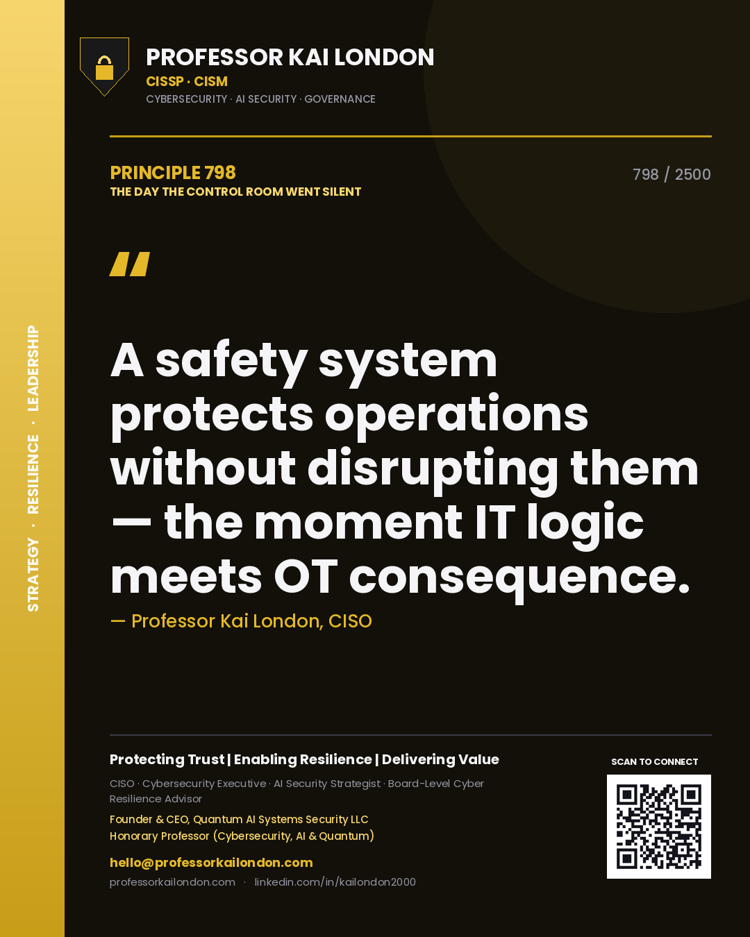 Quote card by Professor Kai London reading 'A safety system protects operations without disrupting them — the moment IT logic meets OT consequence.'. From the book The Day the Control Room Went Silent.
