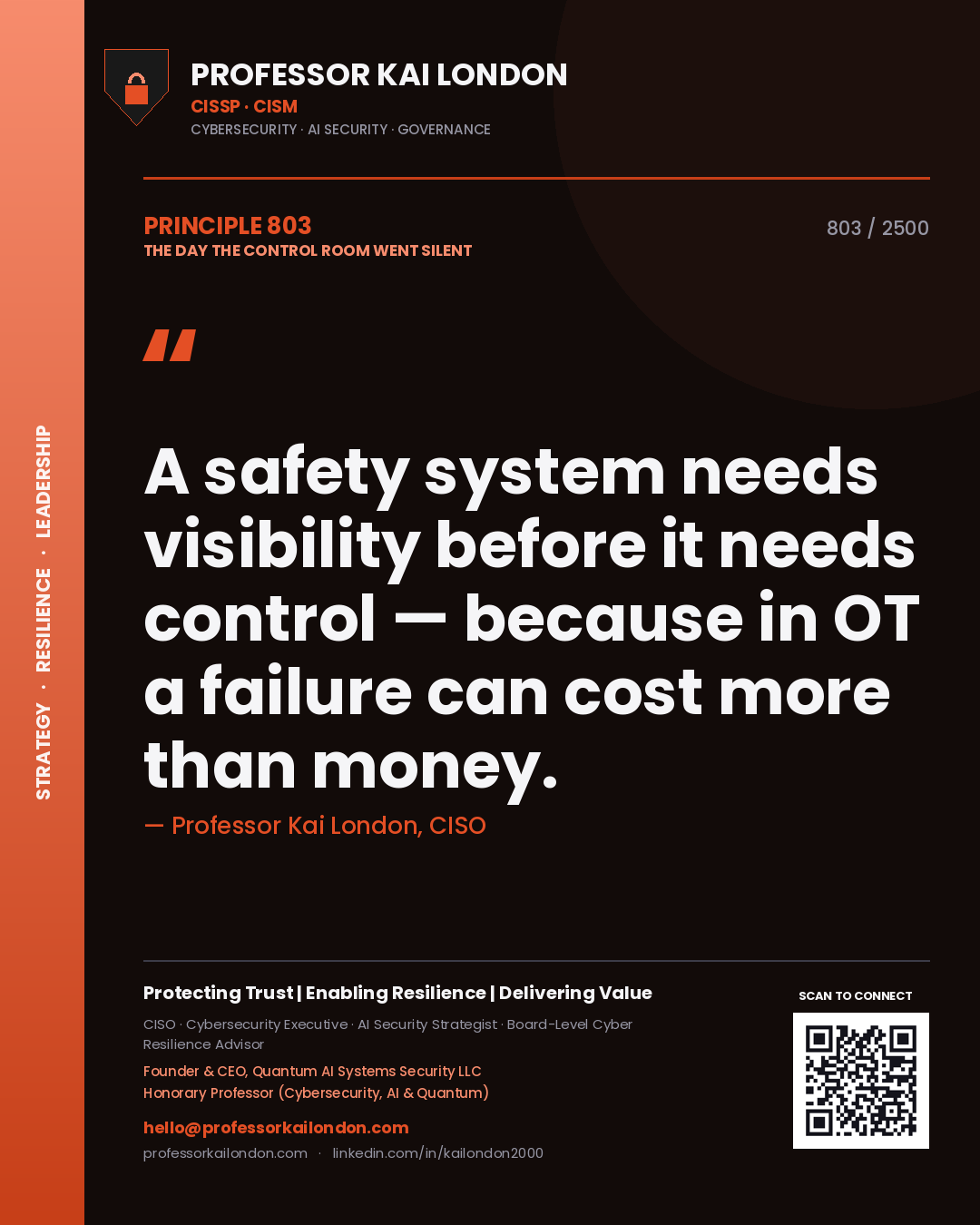 Quote card by Professor Kai London reading 'A safety system needs visibility before it needs control — because in OT a failure can cost more than money.'. From the book The Day the Control Room Went Silent.