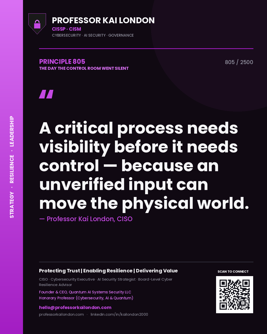Quote card by Professor Kai London reading 'A critical process needs visibility before it needs control — because an unverified input can move the physical world.'. From the book The Day the Control Room Went Silent.
