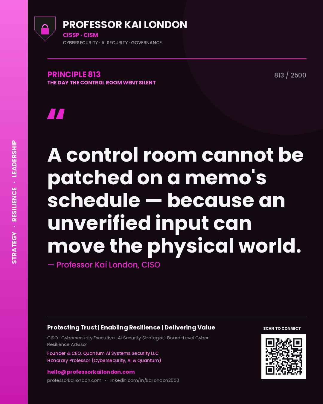 Quote card by Professor Kai London reading 'A control room cannot be patched on a memo's schedule — because an unverified input can move the physical world.'. From the book The Day the Control Room Went Silent.