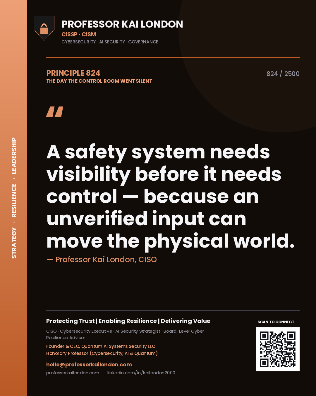 Quote card by Professor Kai London reading 'A safety system needs visibility before it needs control — because an unverified input can move the physical world.'. From the book The Day the Control Room Went Silent.