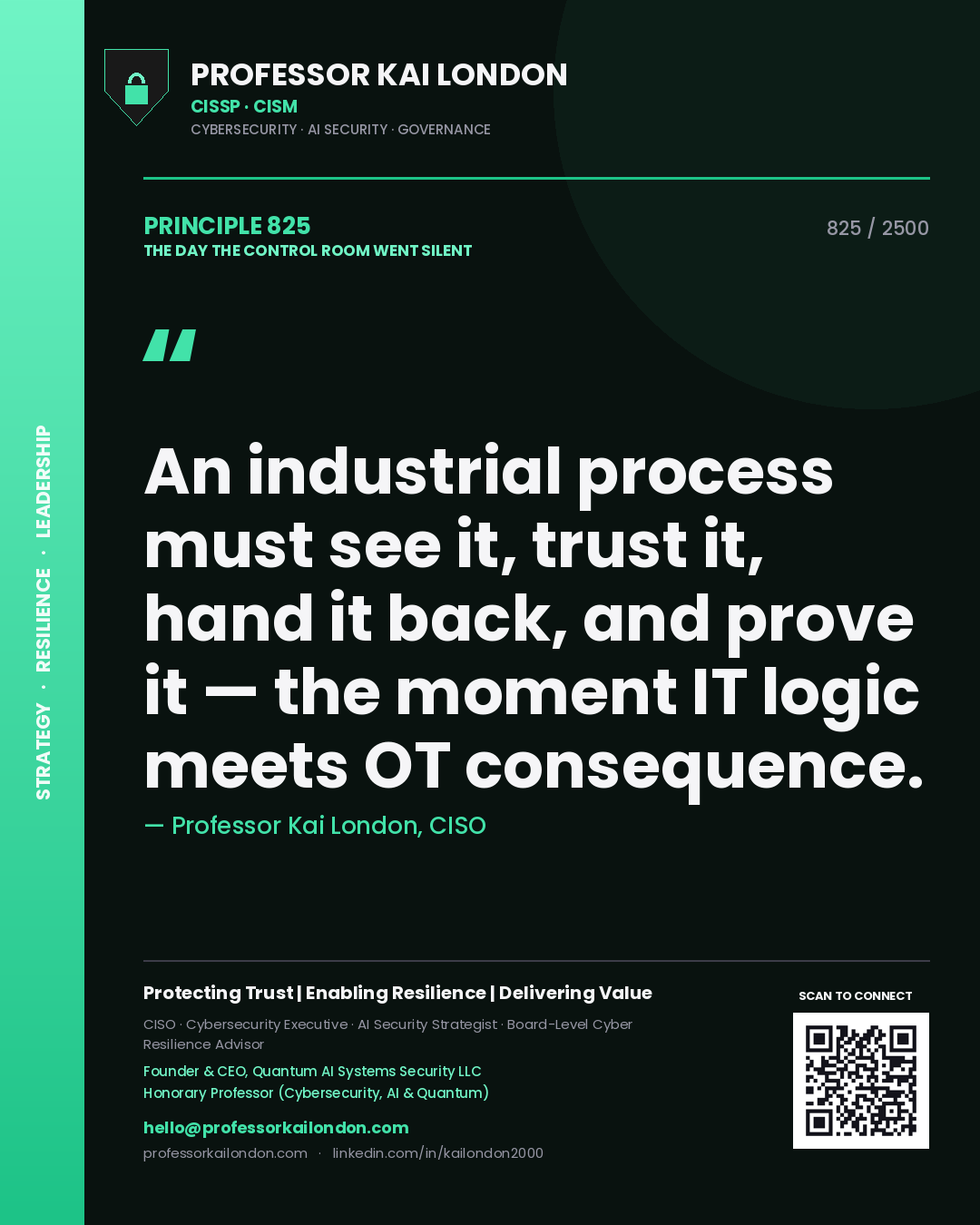 Quote card by Professor Kai London reading 'An industrial process must see it, trust it, hand it back, and prove it — the moment IT logic meets OT consequence.'. From the book The Day the Control Room Went Silent.