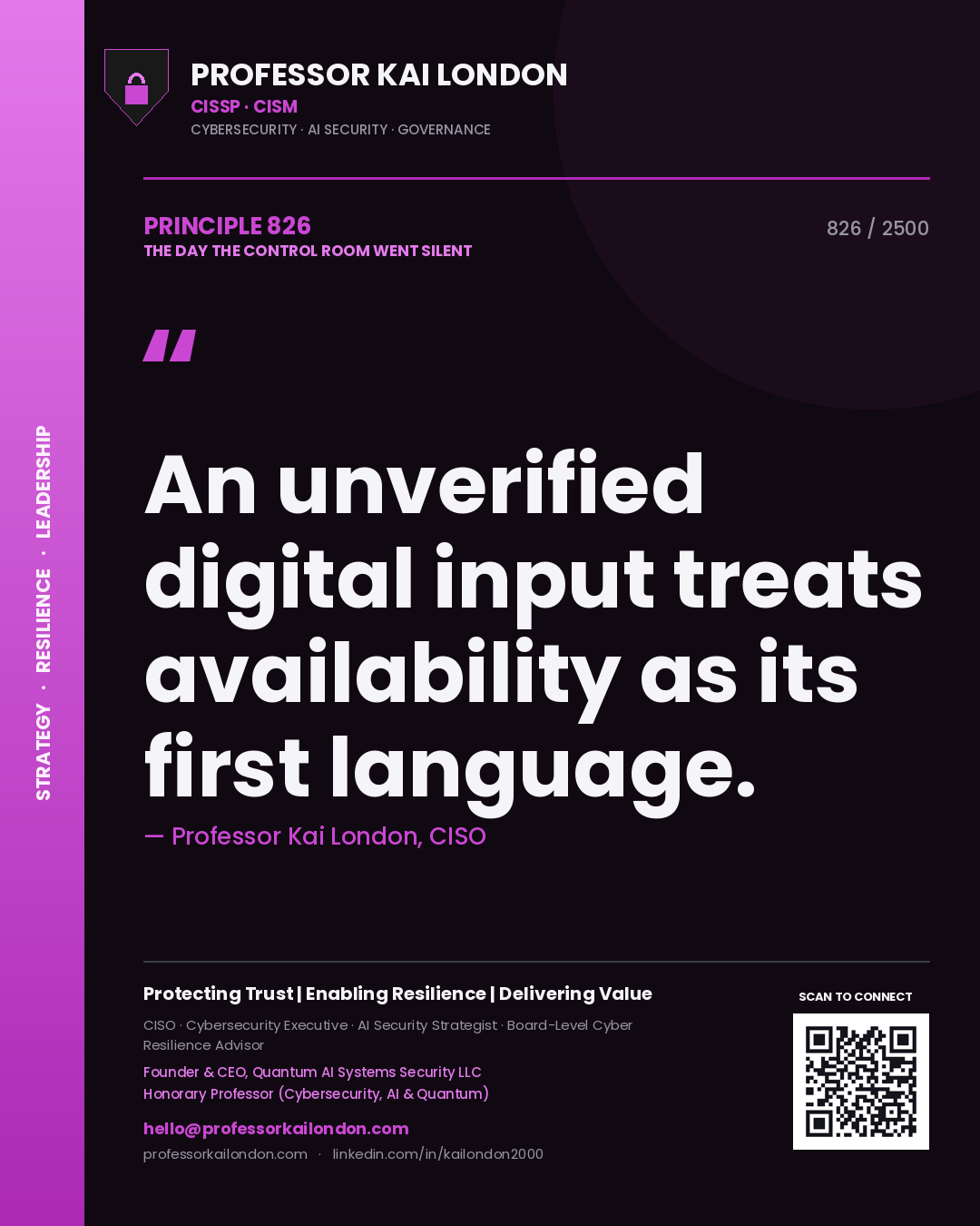 Quote card by Professor Kai London reading 'An unverified digital input treats availability as its first language.'. From the book The Day the Control Room Went Silent.