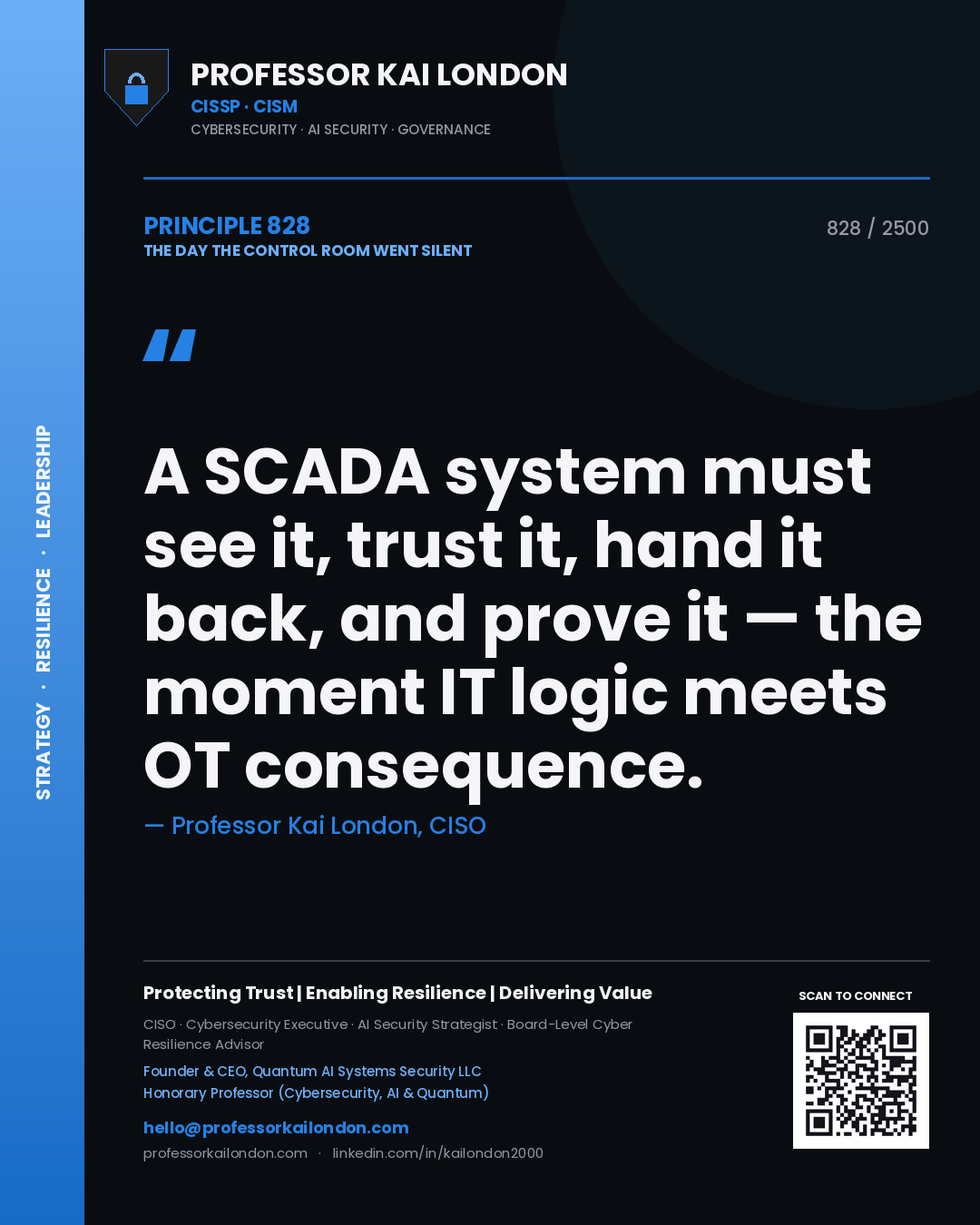 Quote card by Professor Kai London reading 'A SCADA system must see it, trust it, hand it back, and prove it — the moment IT logic meets OT consequence.'. From the book The Day the Control Room Went Silent.