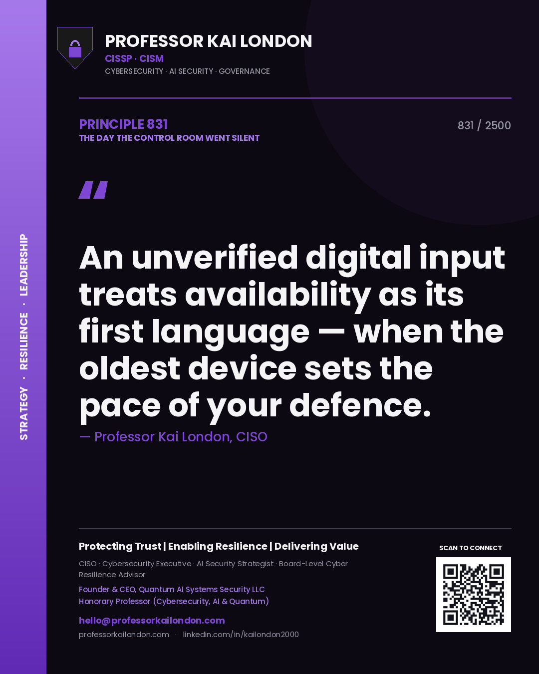 Quote card by Professor Kai London reading 'An unverified digital input treats availability as its first language — when the oldest device sets the pace of your defence.'. From the book The Day the Control Room Went Silent.