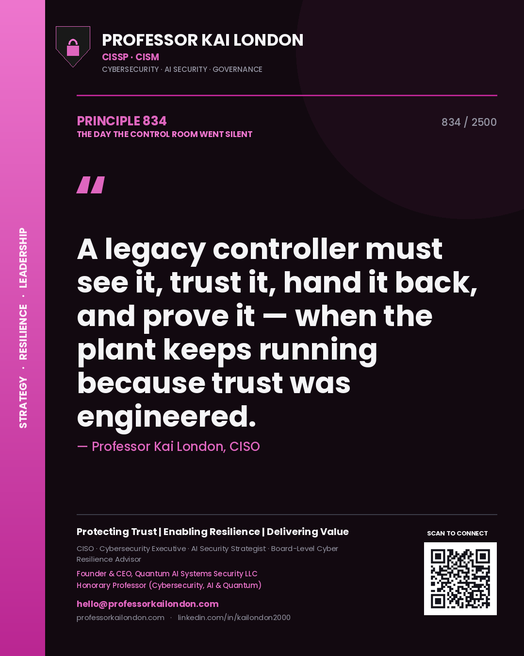 Quote card by Professor Kai London reading 'A legacy controller must see it, trust it, hand it back, and prove it — when the plant keeps running because trust was engineered.'. From the book The Day the Control Room Went Silent.