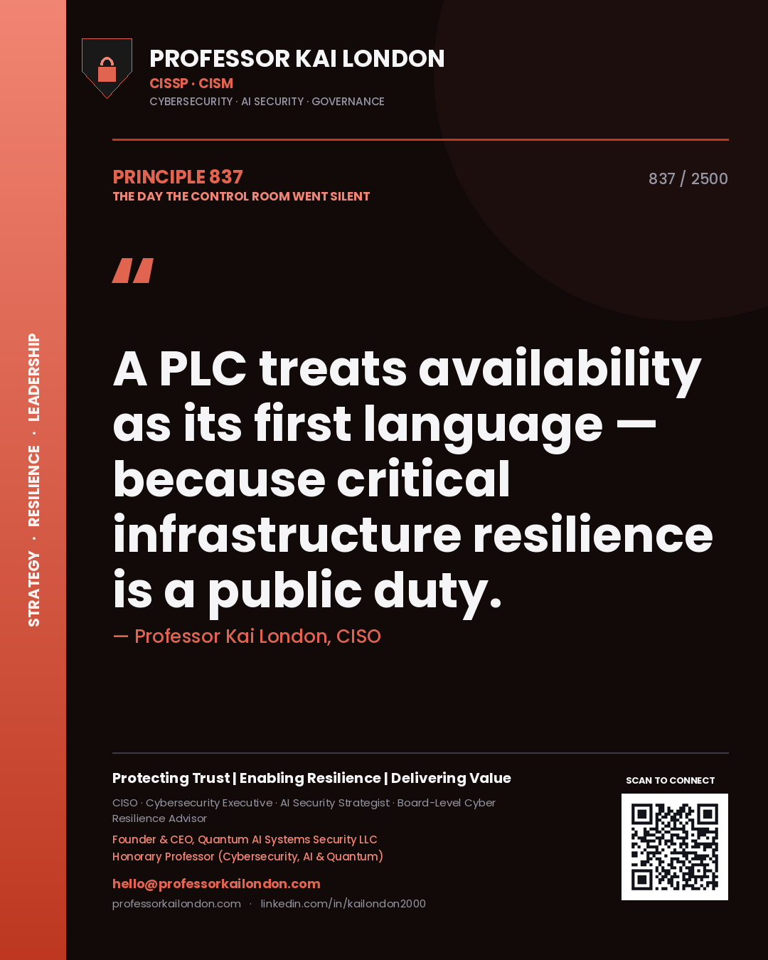 Quote card by Professor Kai London reading 'A PLC treats availability as its first language — because critical infrastructure resilience is a public duty.'. From the book The Day the Control Room Went Silent.