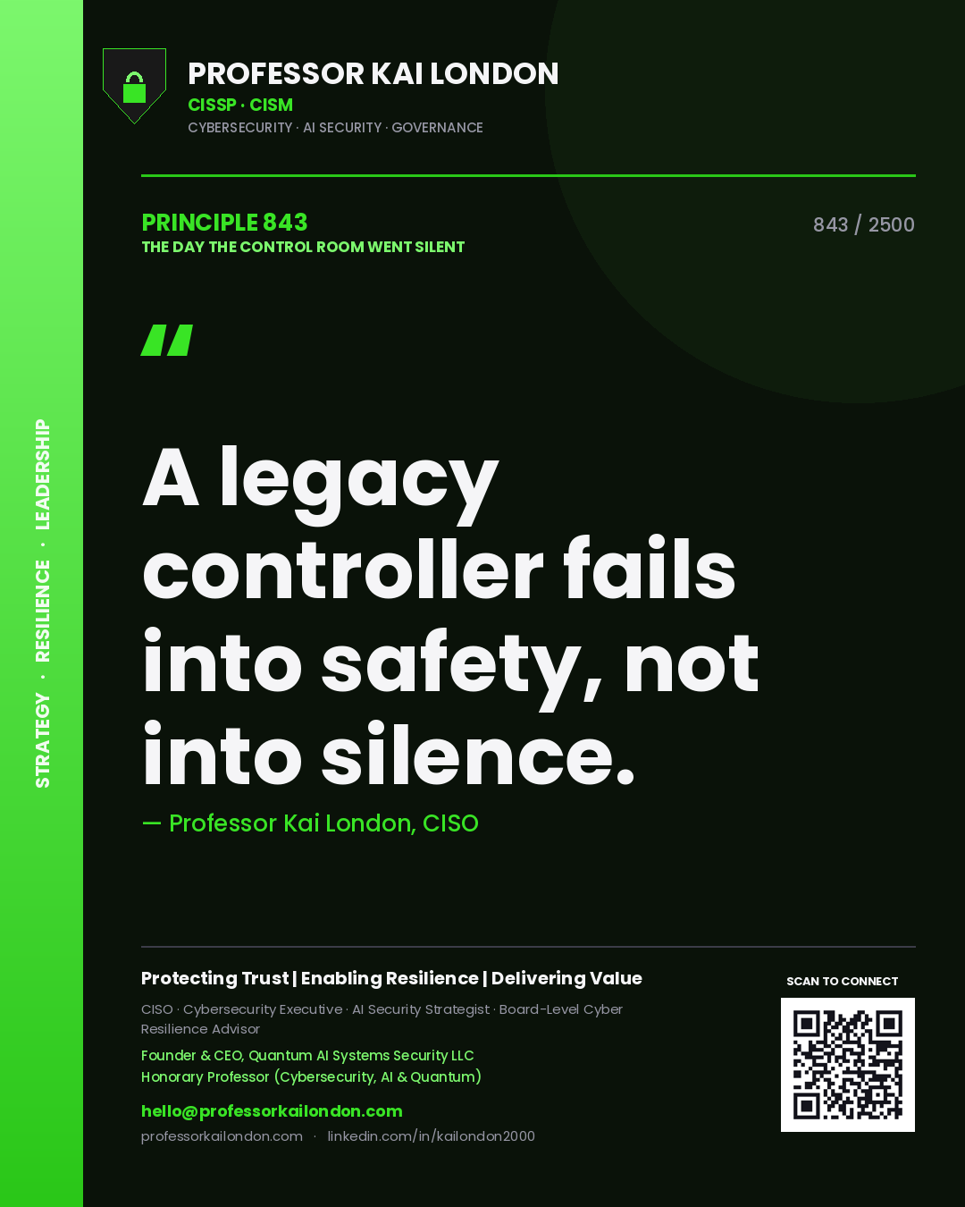 Quote card by Professor Kai London reading 'A legacy controller fails into safety, not into silence.'. From the book The Day the Control Room Went Silent.