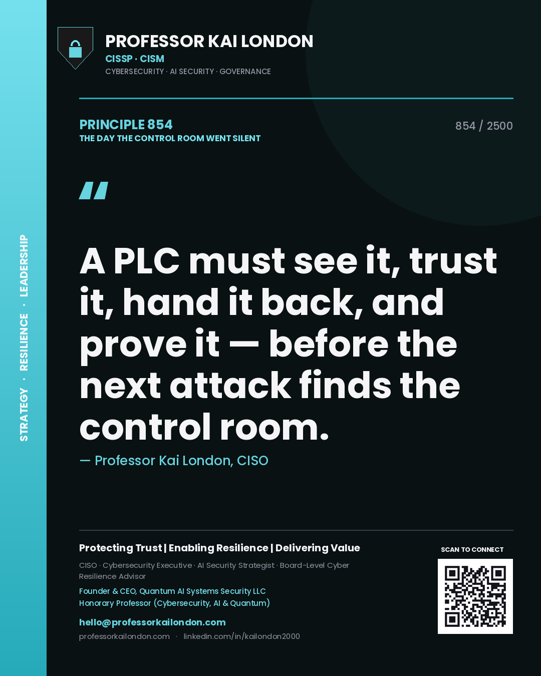 Quote card by Professor Kai London reading 'A PLC must see it, trust it, hand it back, and prove it — before the next attack finds the control room.'. From the book The Day the Control Room Went Silent.